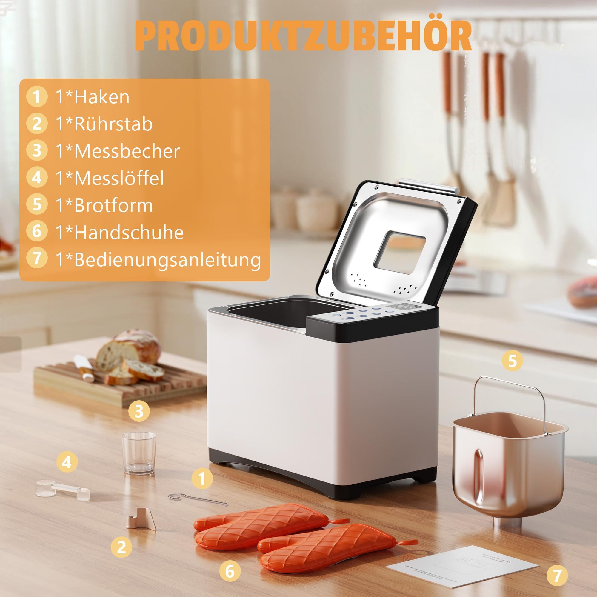 Karinear Brotbackautomat ohne Loch im Brot 20 Programme 15-Std.-Timer, 20 Programme, 3 Laibgrößen & Bräunungsstufen, 2LB Brotbackautomat