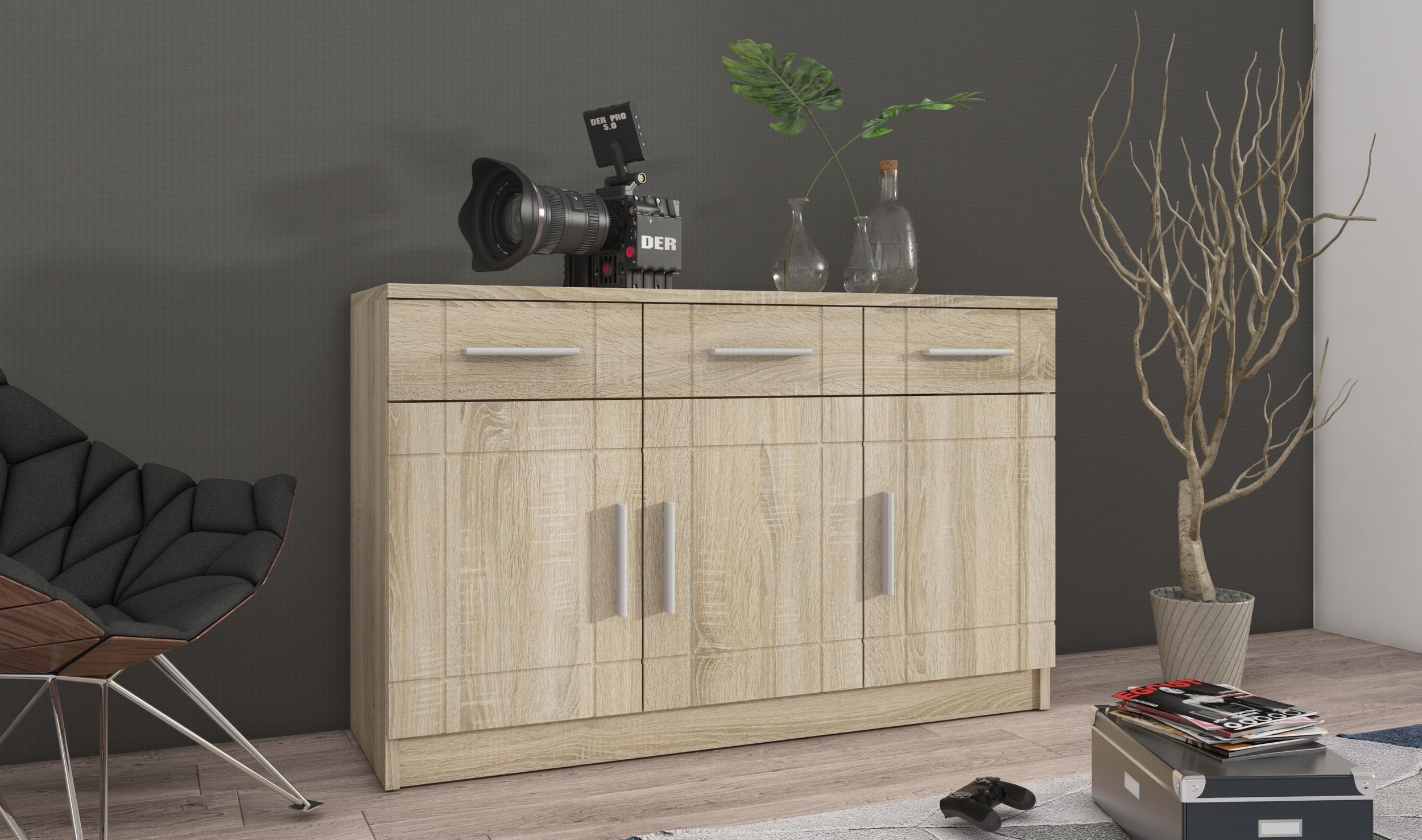 Kommode PARIS 3F-3S Wohnwand Wohnzimmer Anbauwand Sonoma Eiche