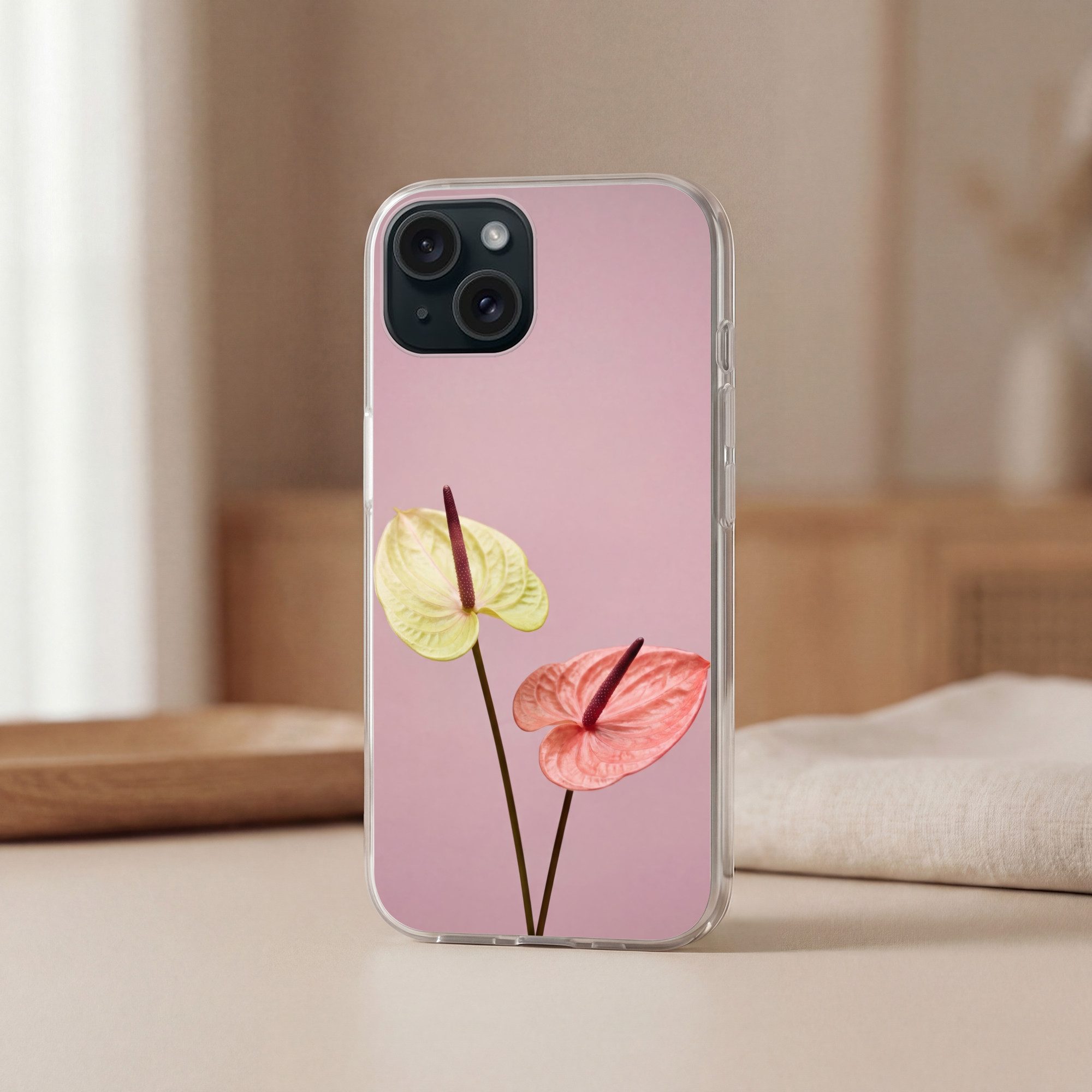 MuchoWow Handyhülle für Apple iPhone 15 Blumen - Anthurien - Gelb - Rosa, Smartphone-Bumper, Print, Handy Schutzhülle Dünn