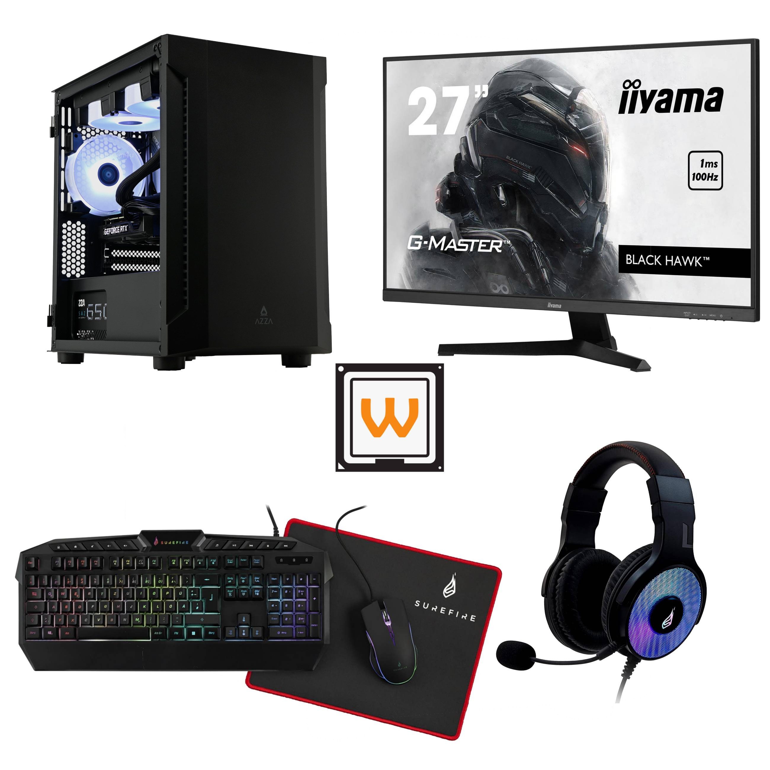 AZZA Bastion 120 Bundle Gaming-PC (27 Zoll, AMD Ryzen 5 5600X, RTX 4060Ti 8GB, 16 GB RAM, 1000 GB SSD, Wasserkühlung, Ryzen 5 5600X, RTX 4060Ti 8GB, WLAN+BT, Windows 11 Pro, Wasserkühlung)
