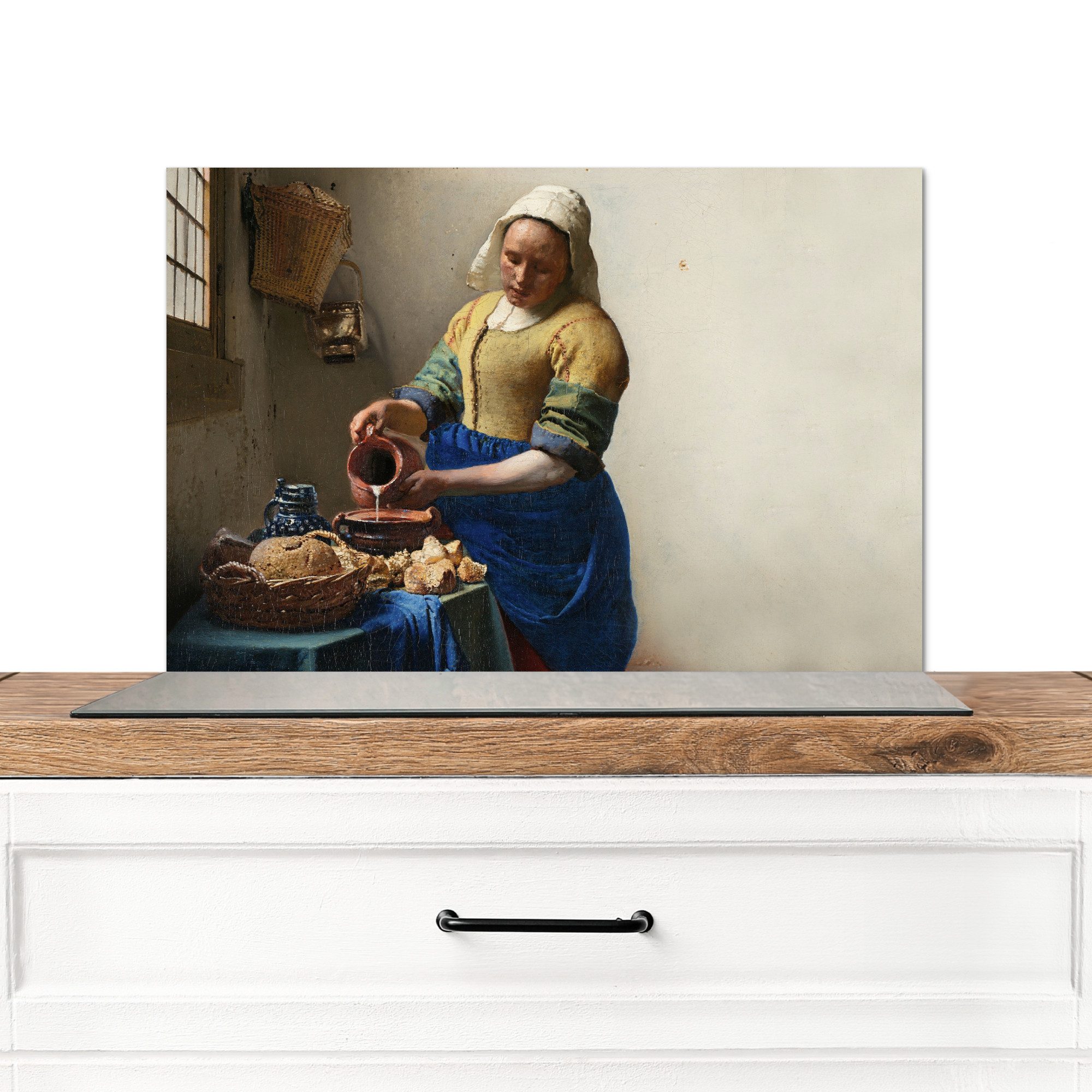 MuchoWow Küchenrückwand Das Milchmädchen - Kunst - Alte Meister - Vermeer, (1-tlg), Spritzschutz Küche, Küchendeko, 60x40 cm