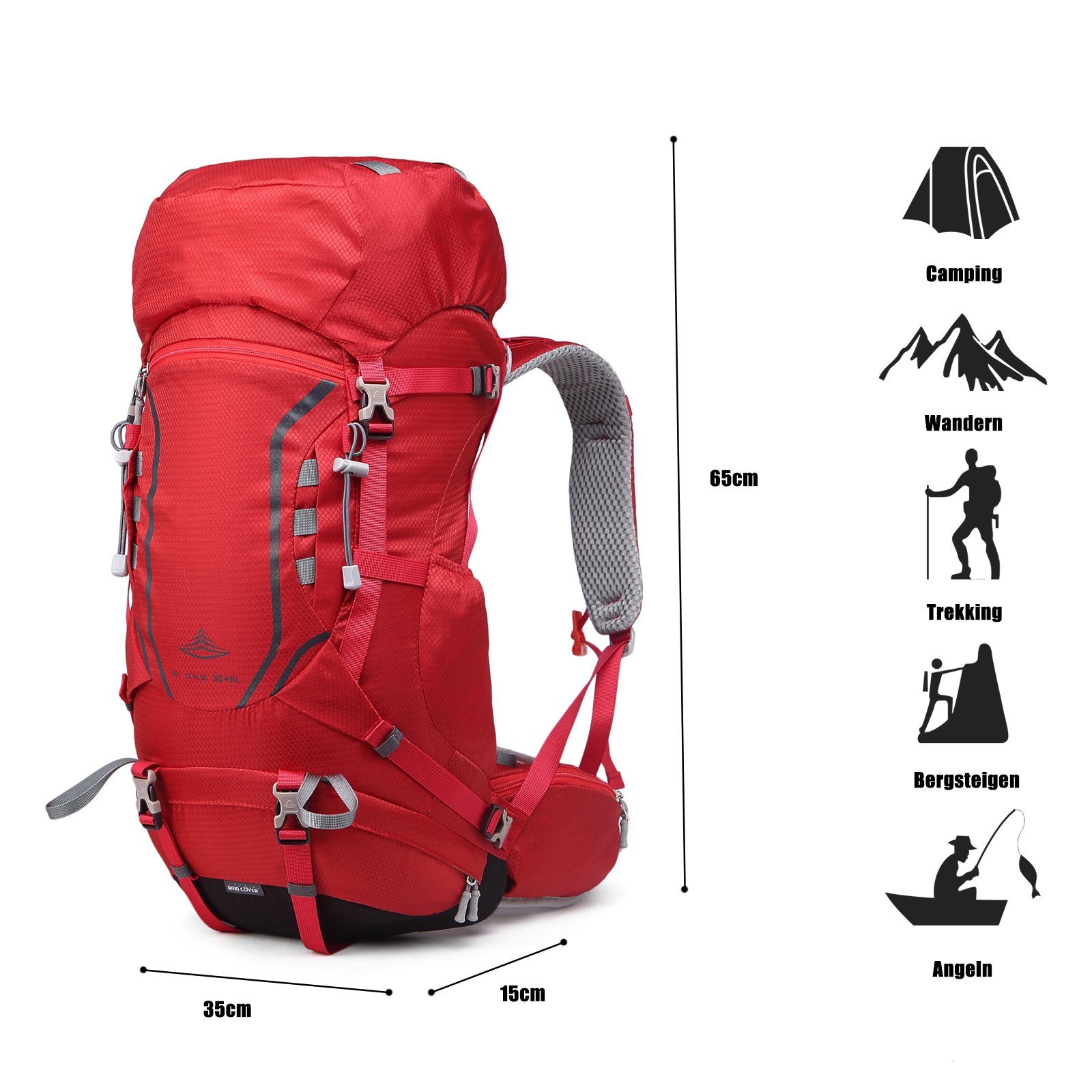 mit Regenschutz TAN.TOMI Regenschutz), Trekking Wanderrucksack, Großer Camping Wasserdicht (Einschließlich Multifunktionaler Outdoor Kletterrucksack 35L Rot für Reisen (30L+5L)