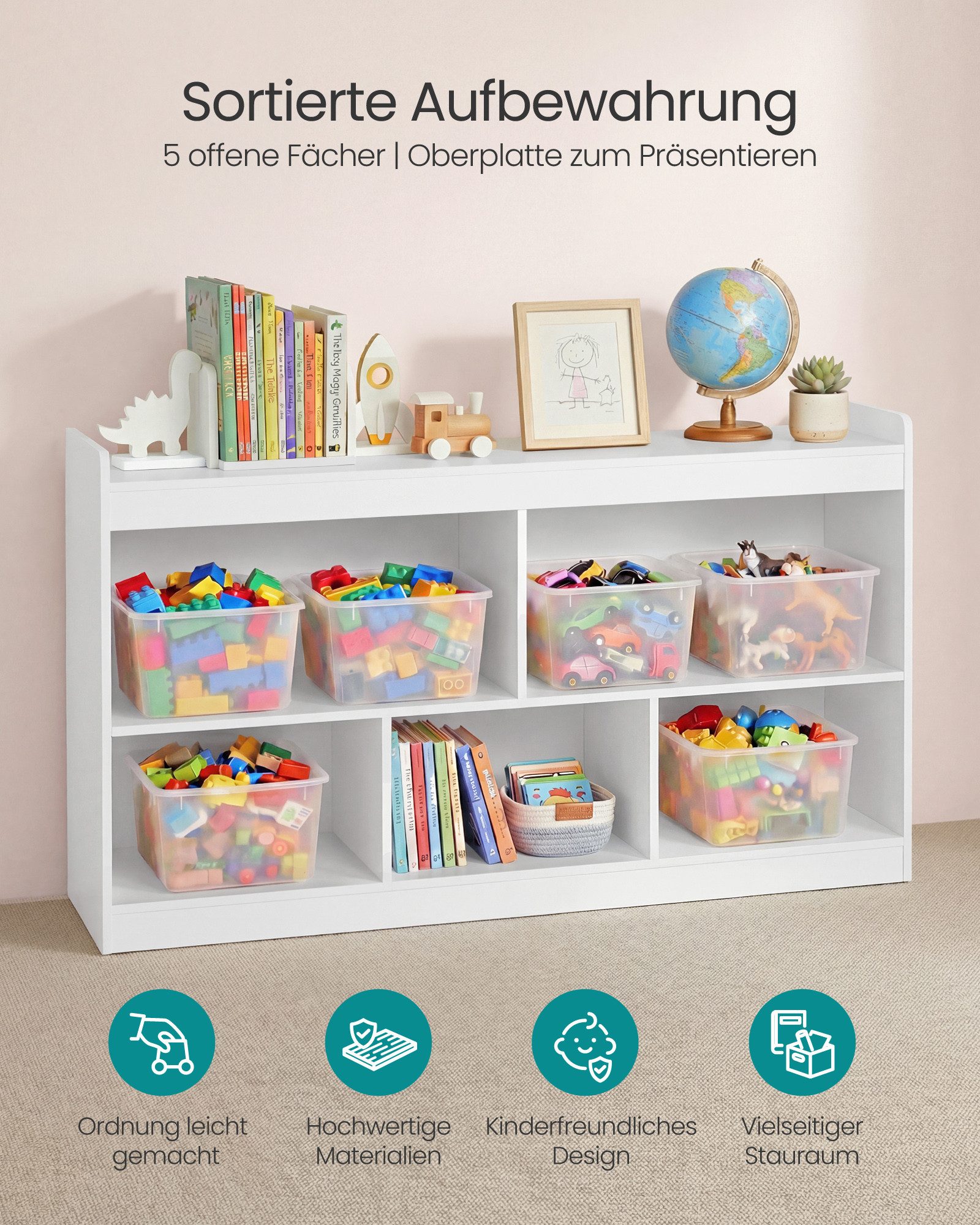 SONGMICS Schuhregal Kinderregal, Spielzeug Aufbewahrung, Spielzeugregal, Montessori Regal, 5 offene Fächer, Kinderzimmer Wohnzimmer, 30 x 112,2 x 65 cm