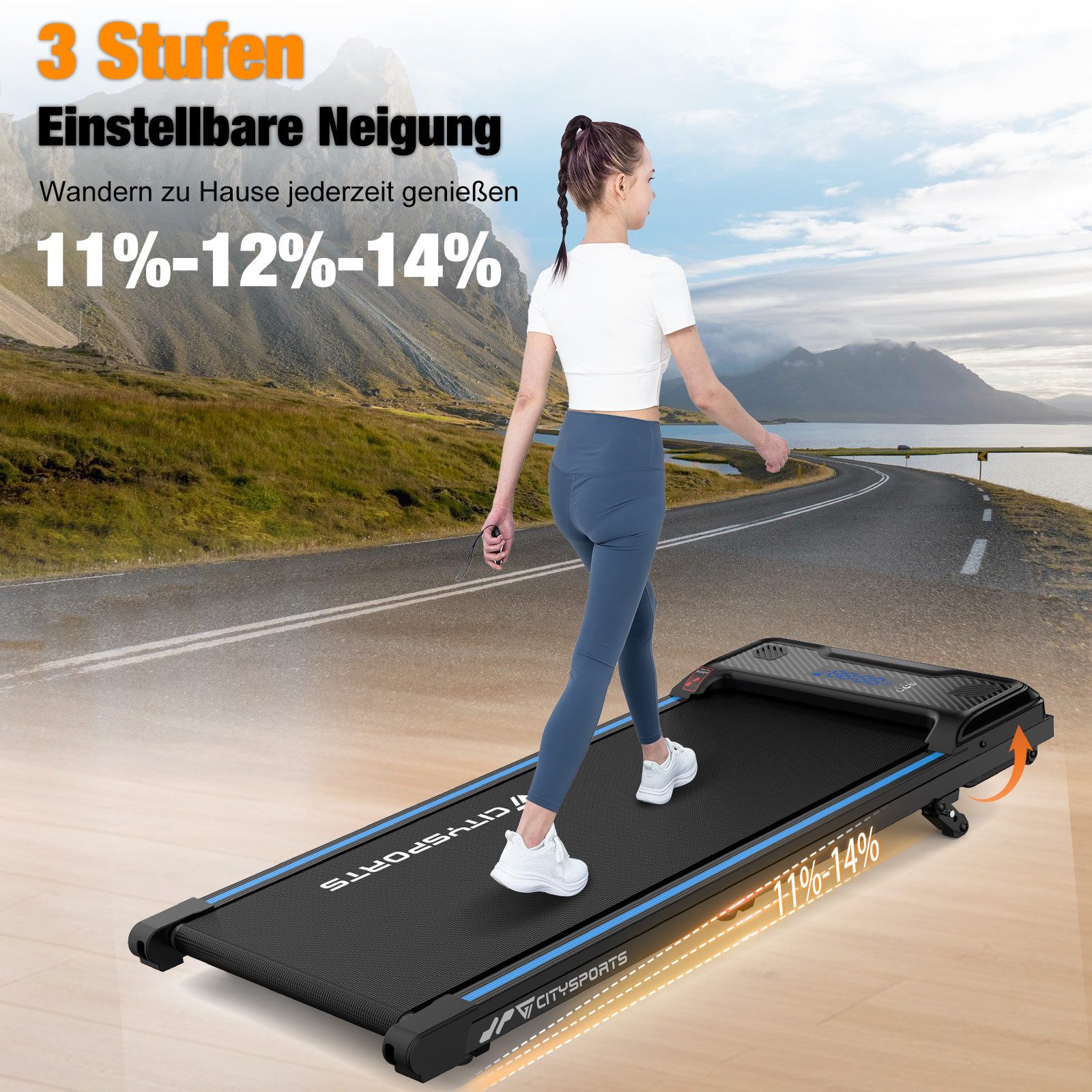 CITYSPORTS Laufband 440W Treadmill für Zuhause und im Büro Mit 3 Steigungsgraden (Mit Toolkit,Schmiermittel), 1-6km/h Walking/jogging Pad mit LED-Anzeige und Fernbedienung
