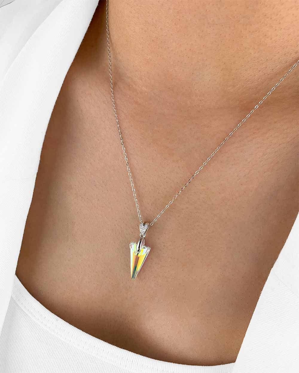 DANIEL CLIFFORD Kette mit Anhänger 'Crystel' Damen Halskette Silber 925 Kristall Anhänger dreieckig (inkl. Verpackung), Silberkette Collier schimmernder Kristall Lichtreflexe bunt