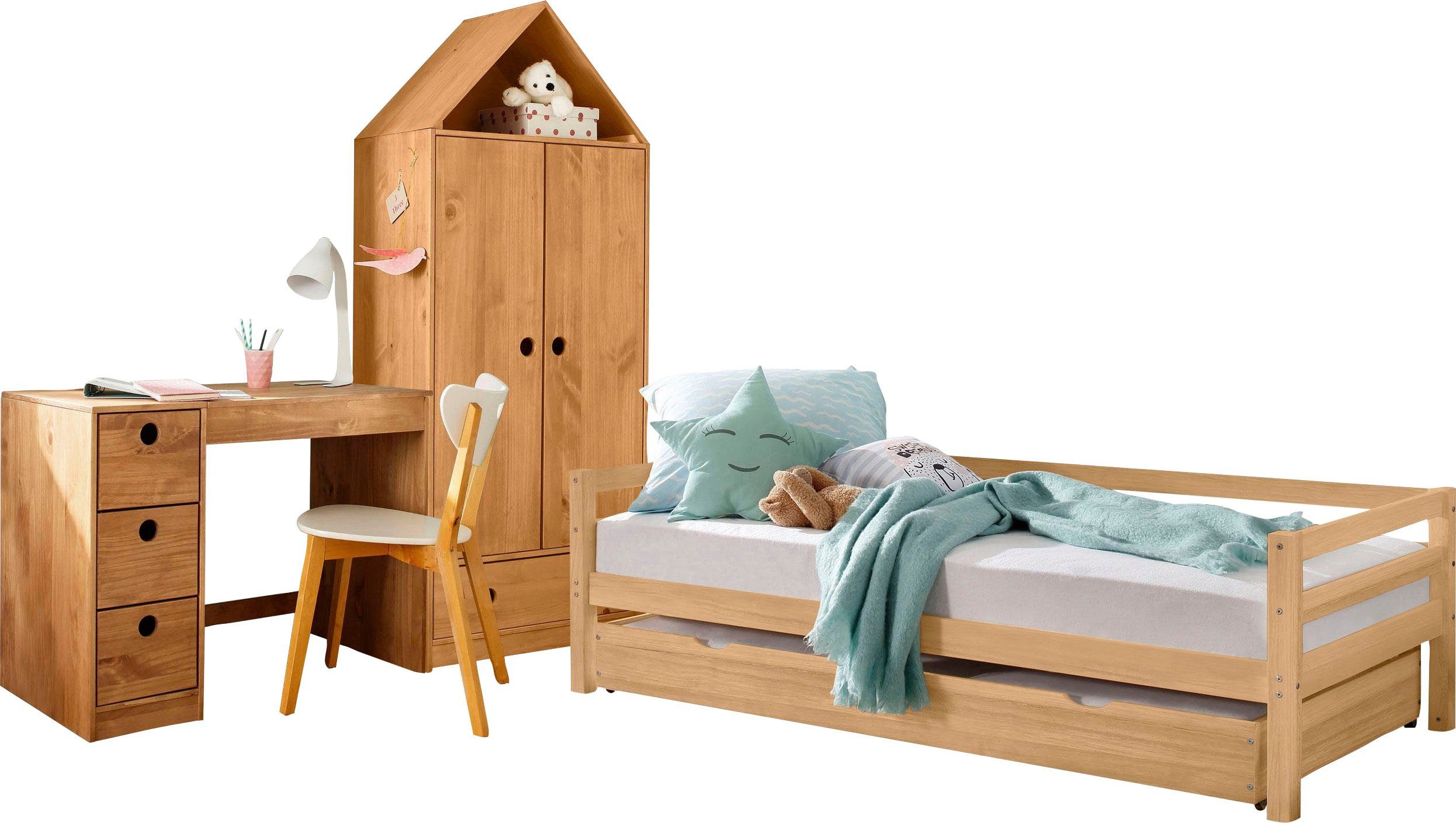 Lüttenhütt Jugendzimmer-Set Alpi, (Spar-Set, 3-St), Daybed, Schreibtisch mit Stauraum und Kleiderschrank in Hausoptik