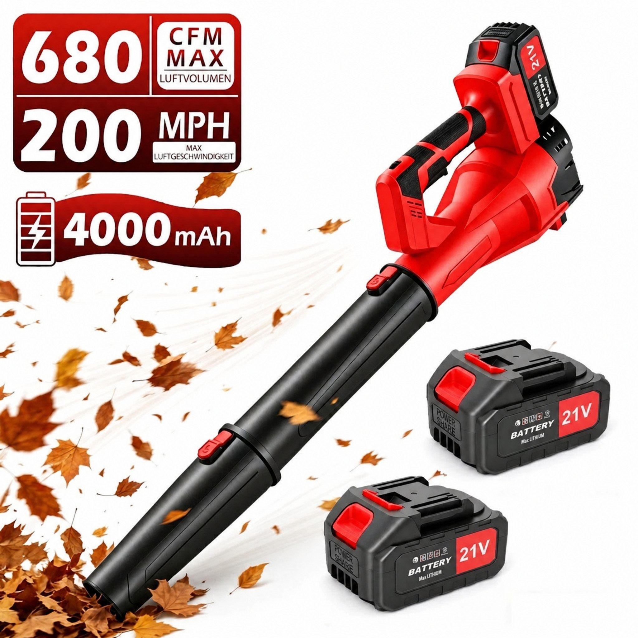 Blossom Akku-Laubbläser akku-gebläse Elektrischer Laubbläser mit 2x 21V 2.0Ah Akkus, 320 km/h, (21V Kabelloser Ergonomischer Griff), Gartenlaubbläser Turbo Gebläse Handgebläse für Garten Terrasse