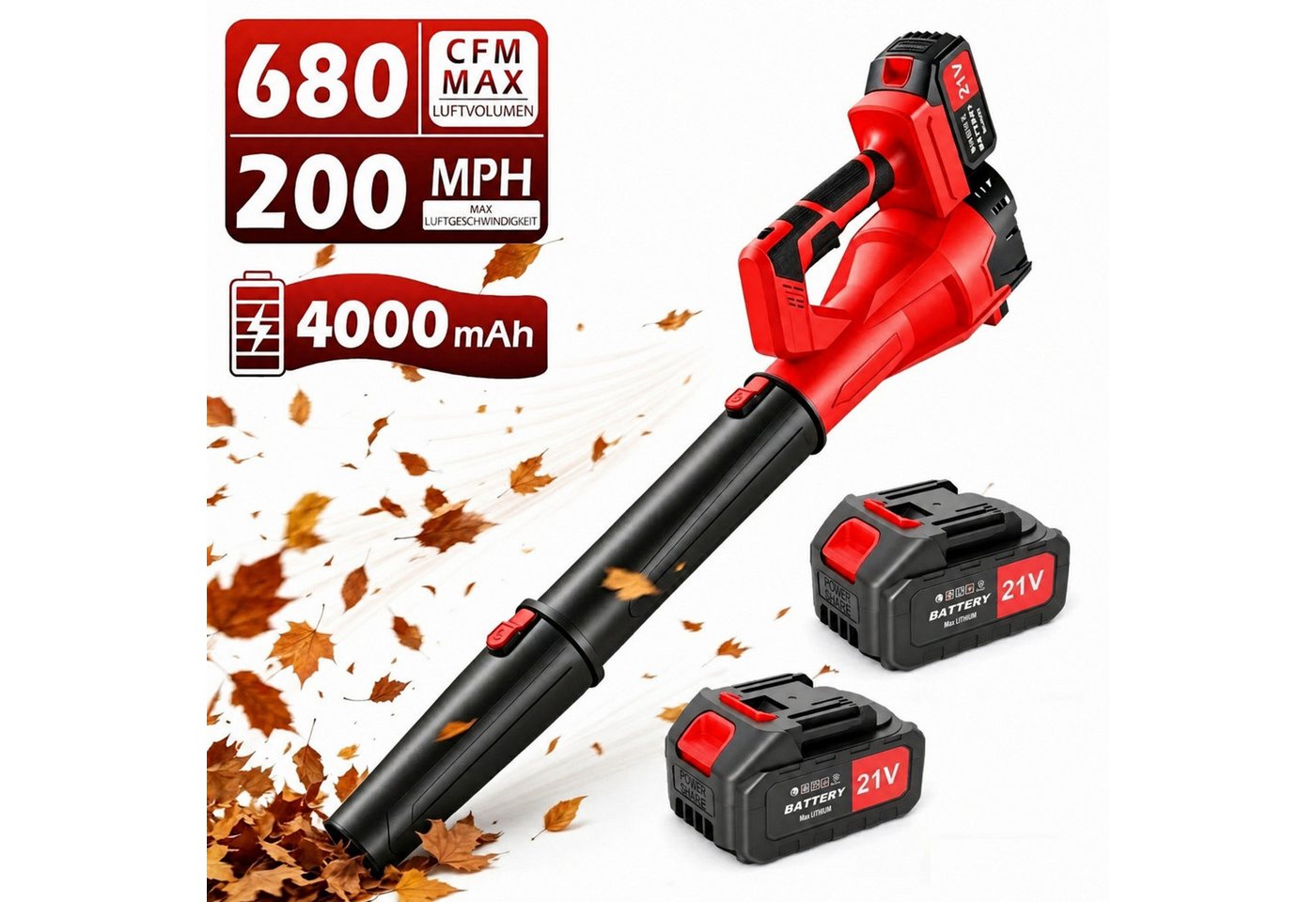 Blossom Akku-Laubbläser akku-gebläse Elektrischer Laubbläser mit 2x21V 2.0Ah Akkus, 320 km/h, (21V Kabelloser Ergonomischer Griff), Gartenlaubbläser Turbo Gebläse Handgebläse für Garten Terrasse