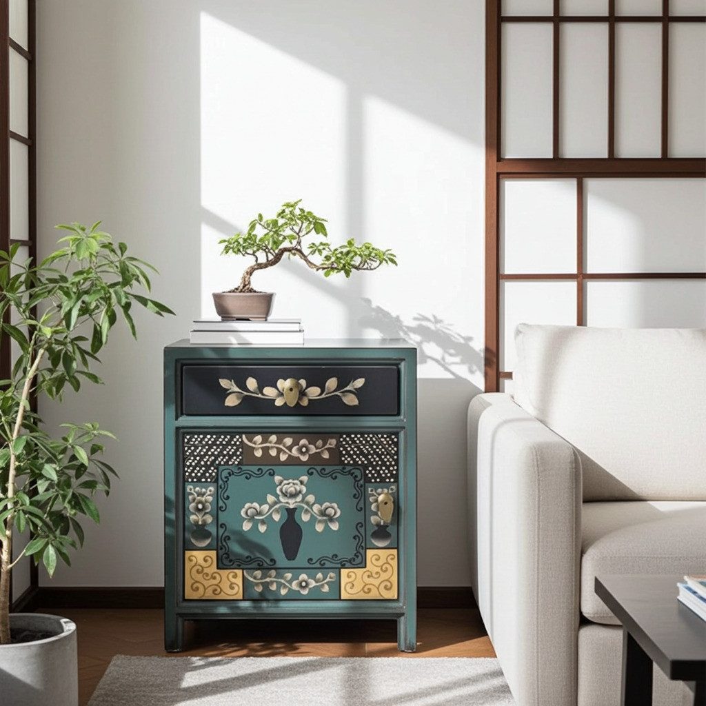 OPIUM OUTLET Nachtkommode Nachtkästchen Nachtschrank Schrank Nachtkonsole Kommode (Breite x Tiefe x Höhe: 45 x 33 x 55 cm, Asia Möbel komplett montiert), asiatisch chinesisch orientalisch vintage