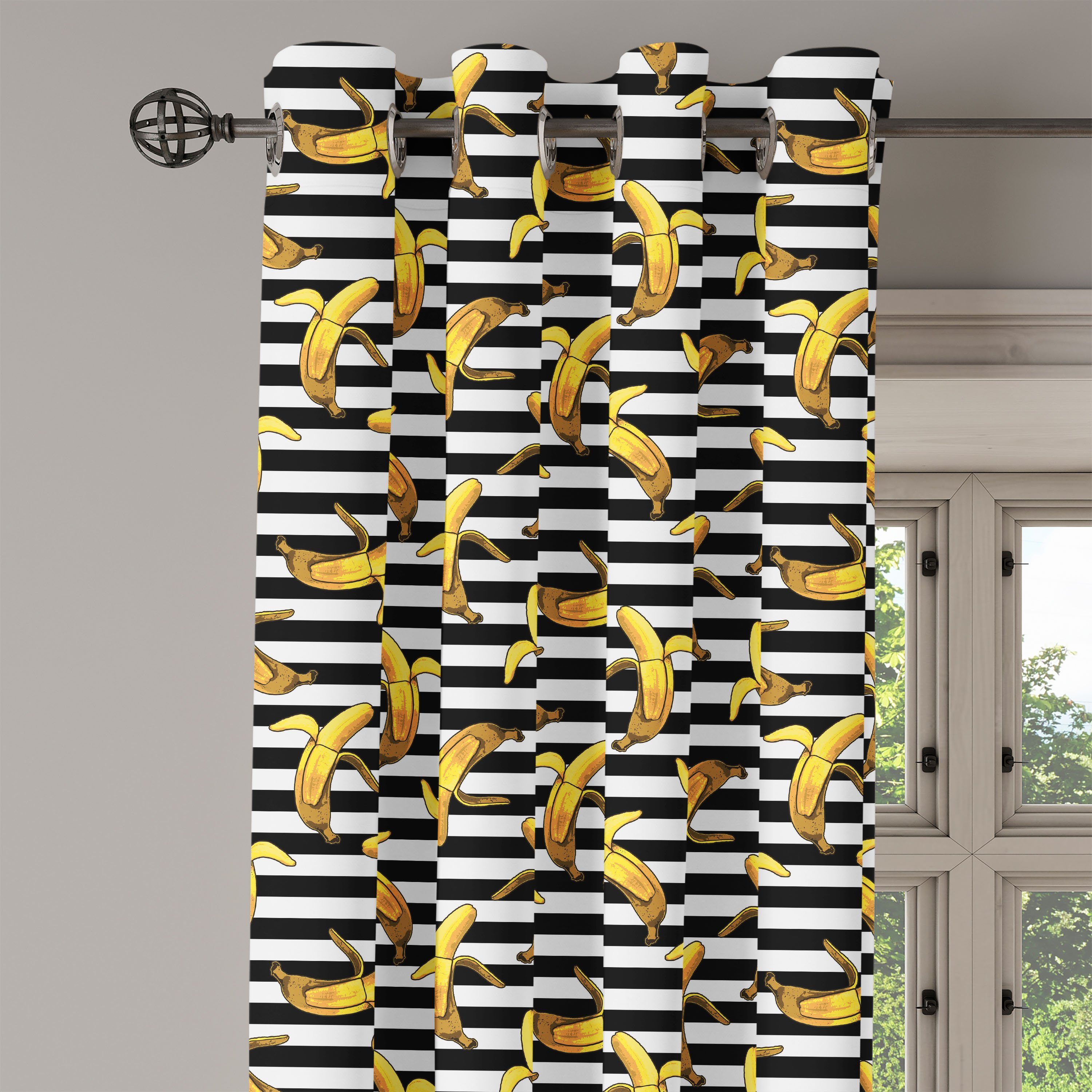 Tropical für Dekorative Schlafzimmer Wohnzimmer, Abakuhaus, Gardine Bananen Stripes Indie 2-Panel-Fenstervorhänge
