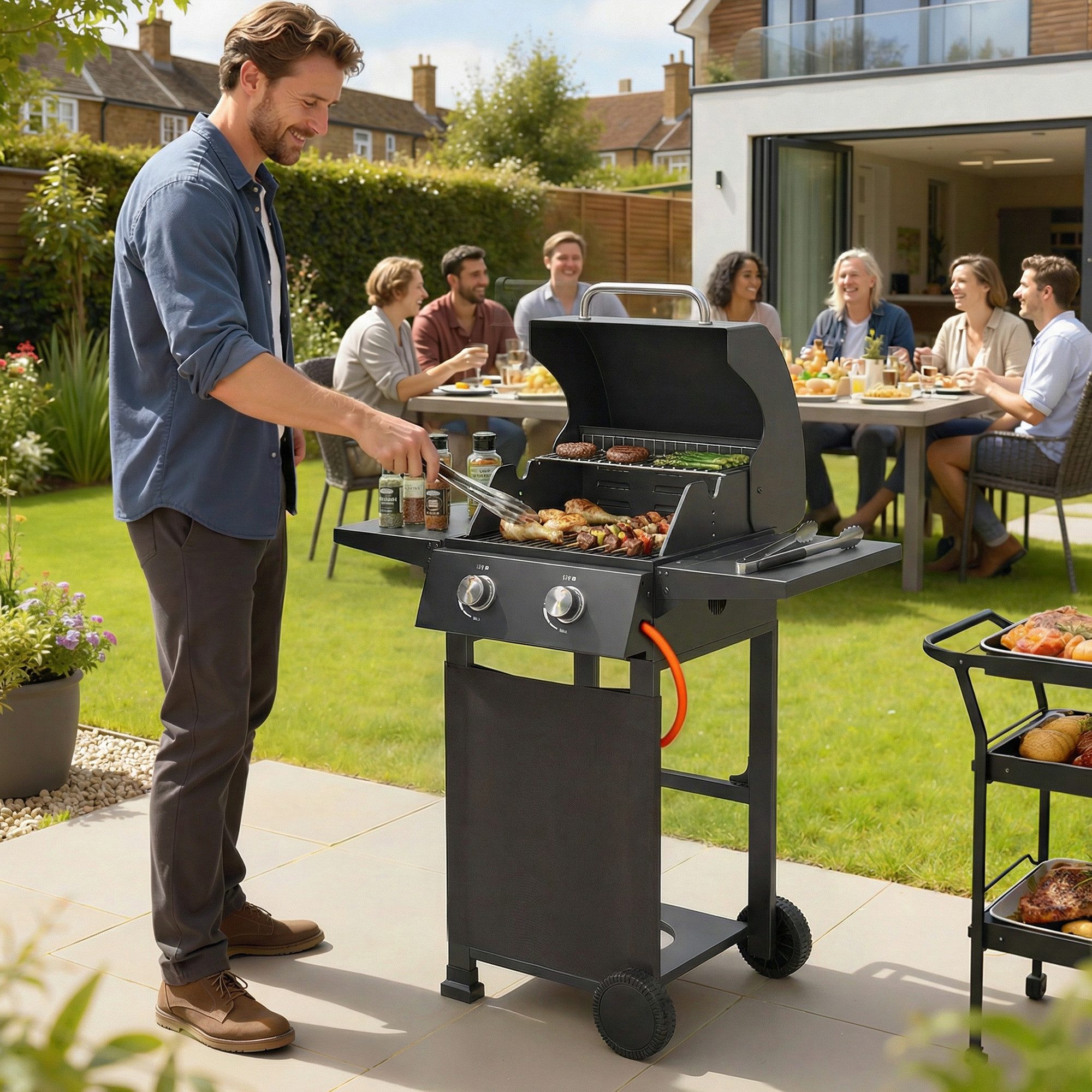 Outsunny Gasgrill inkl klappbar Seitentisch, Thermometer, verchromter Grillrost, Rolle, Gas-Grill, BBQ Grillwagen, für Balkon Party BBQ Schwarz
