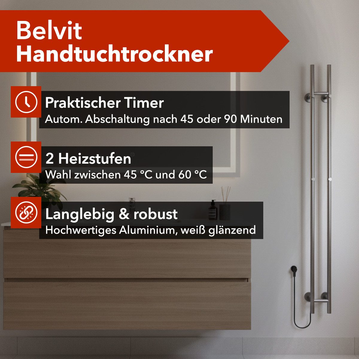 Belvit Elektrischer Badheizkörper Handtuchwärmer 150x17 cm mit 4 Handtuchhaken mit Timer & 2 Heizstufen, 120W, Wandmontage mit Montagematerial, Handtücher trocknen & wärmen