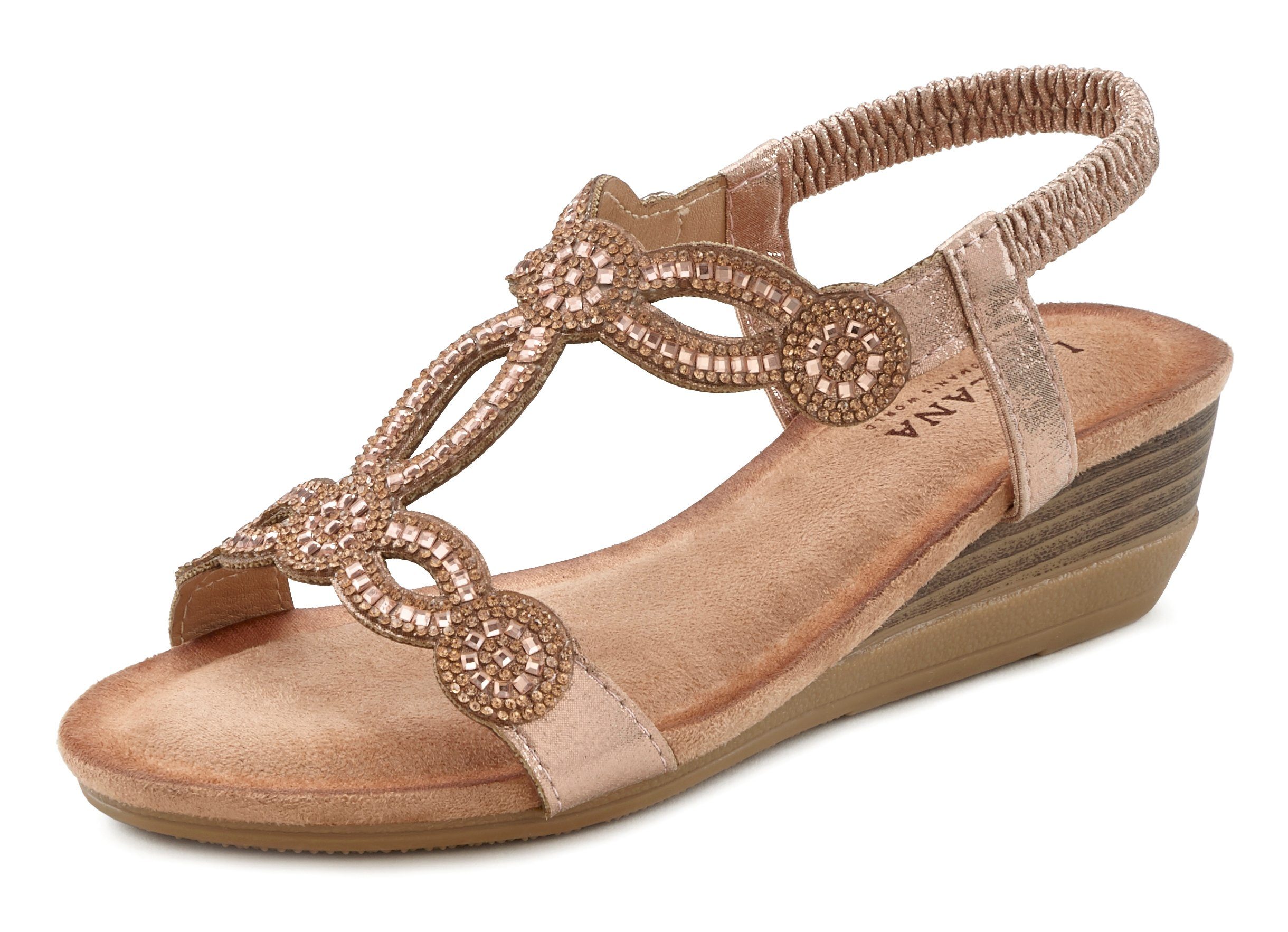 Schmucksteinen elastischen roségoldfarben Riemen und LASCANA mit Sandale Sandalette, Sommerschuh