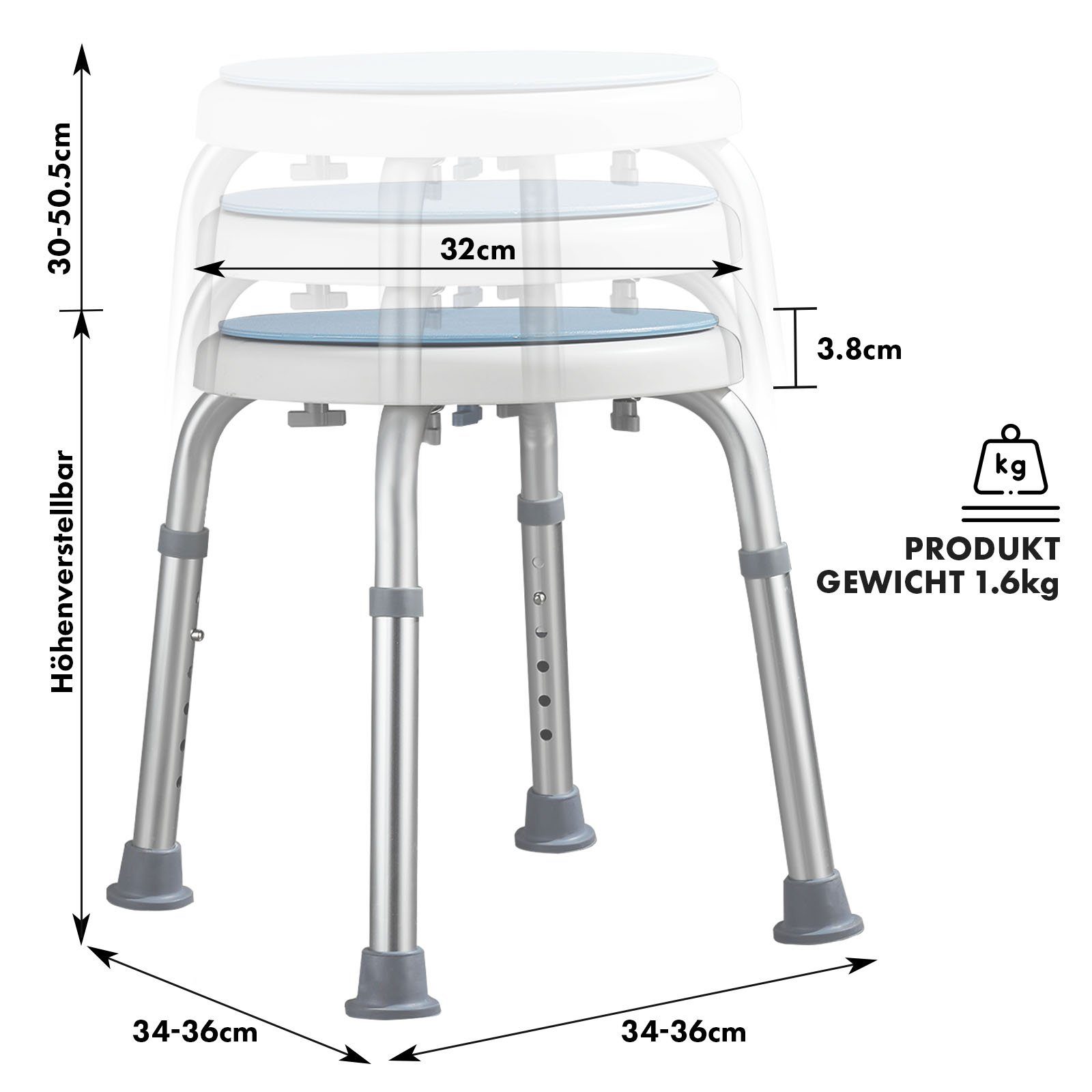 Kubus Duschhocker Anton, Um 360 Grad drehbar, Höhenverstellbar, Belastbar bis 150kg