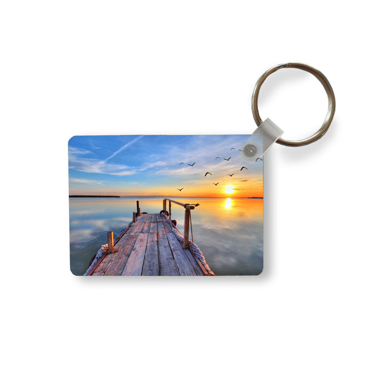 MuchoWow Schlüsselanhänger Wasser - Steg - Vögel - Sonnenuntergang - Horizont, Rechteckig mit Schlüsselring, Geschenk, Accessoire, 6x4 cm