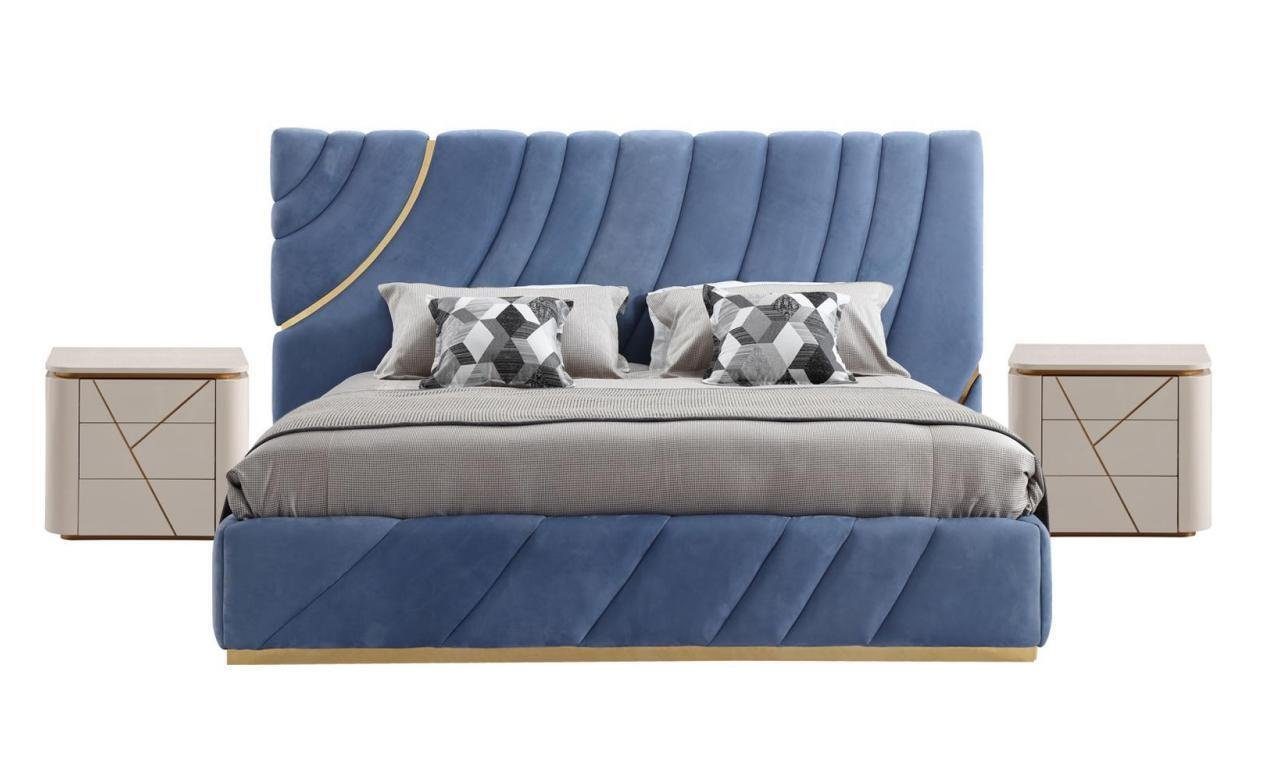 JVmoebel Schlafzimmer-Set Schlafzimmer set Bett 2x Nachttische 3tlg. Blau neu Modern Komplett, (3-St., 1x Bett + 2x Nachttische), Made in Europa