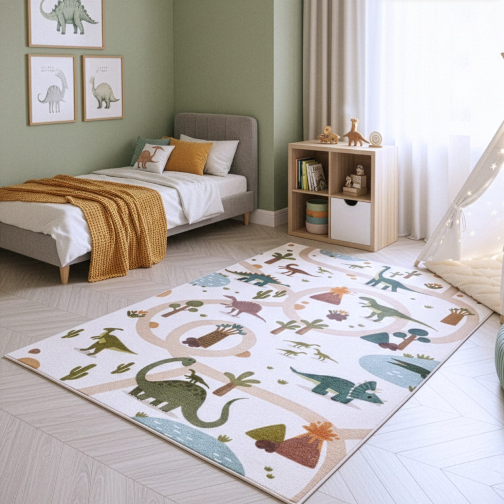 Ayyildiz Teppiche Kinderteppich COCO 1131, auch in rund erhältlich, rechteckig, Höhe: 8 mm, Waschbar bei 30 °C, rutschhemmend, OEKO-TEX® zertifiziert, Dinosaurier