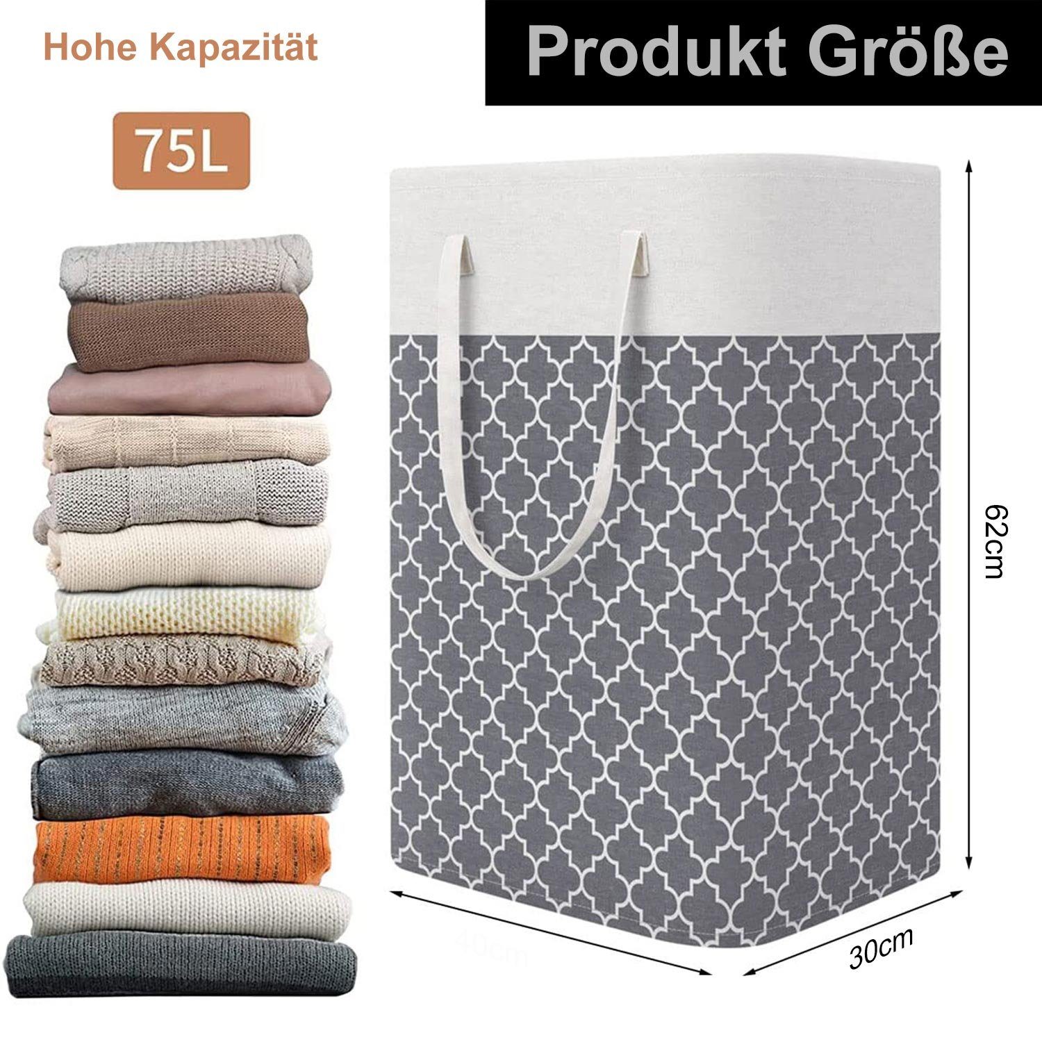 BTTO Wäschekorb 75L Wäschekorb mit Griff,Faltbarer Wäschesammler,Grau (1 St), freistehender wasserdichter Aufbewahrungskorb,1/2/3/4-Pack