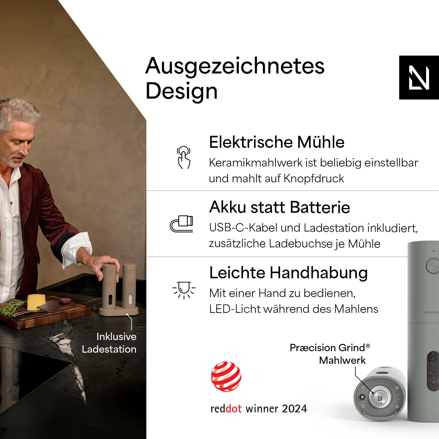 LARS NYSØM Gewürzmühle Spænding praktische Einhandbedienung per Drucktaste, (2 Stück), elektrische Salz- & Pfeffermühle mit eingebautem LED-Licht