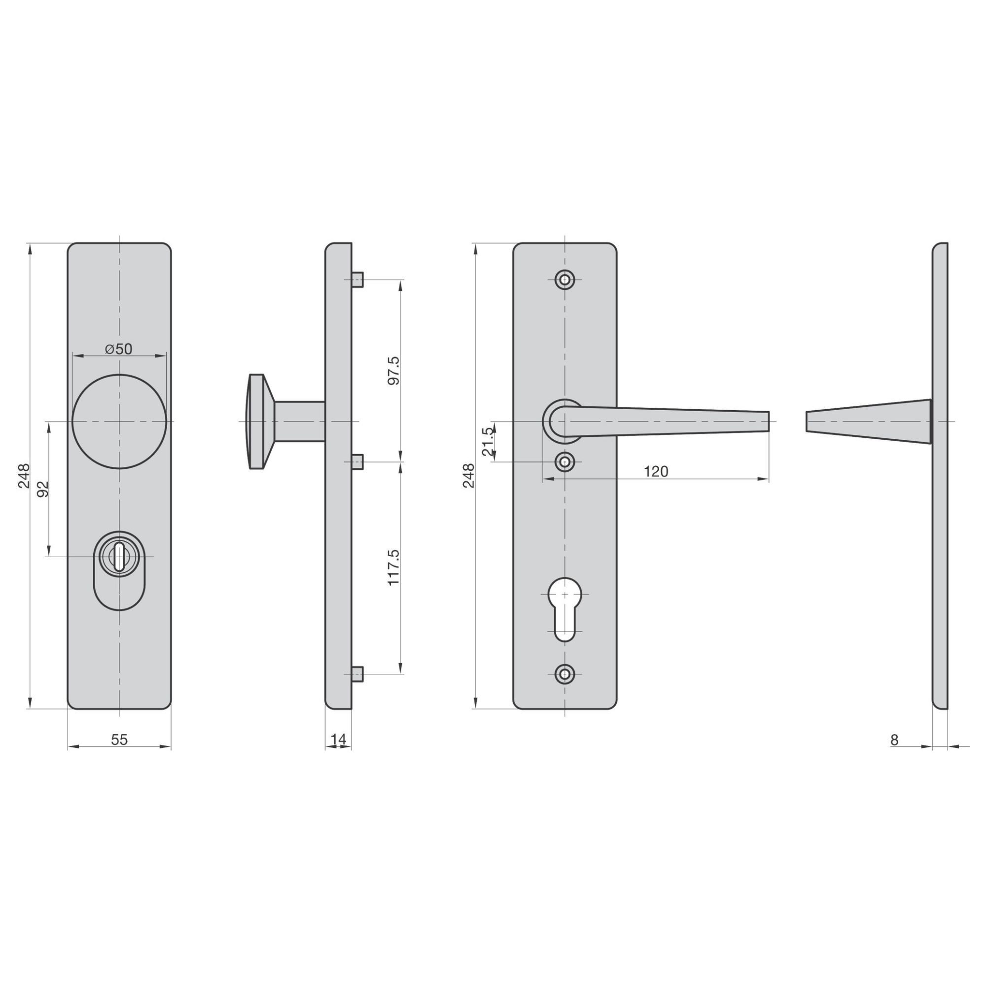 Thumbnail - BASI Türbeschlag Wechsel-Garnitur (Packung), Schutzbeschlag PZ 92/10 mm, ZA, Alu F1, Schild 14 mm, Türen 50-70mm