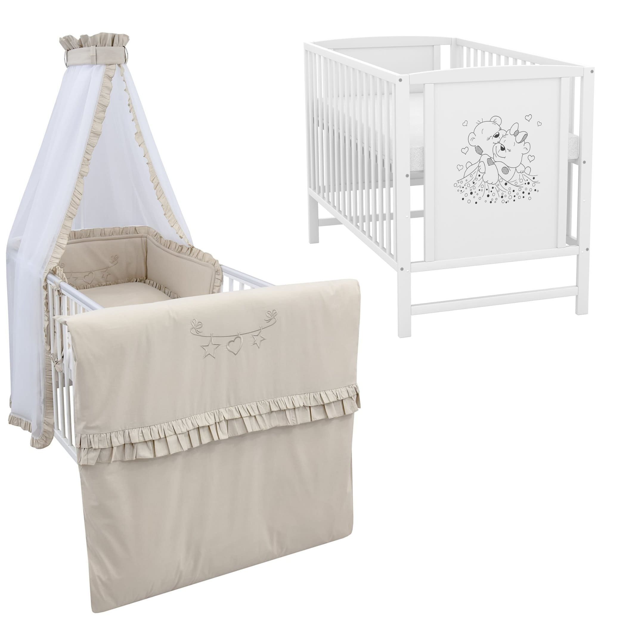 Baby-Delux Komplettbett Babybett Mia Komplettset Royal Rüsche, 10-tlg., Kinderbett 60x120 cm weiß, Bettset verschiedene Designs