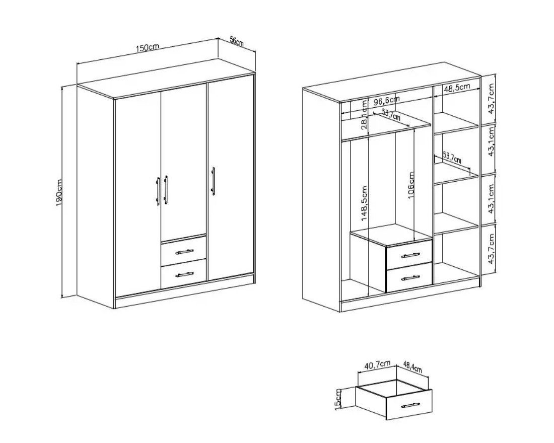 Deine Möbel 24 Kleiderschrank SAM SR2 3-türig mit Schubladen, Farbe: Cashmere, mit Aufsatz optional (Set, 3-St., 150 cm breit mit Stauraum) Drehtürenschrank 150 cm breit für Schlafzimmer Flur Garderobe