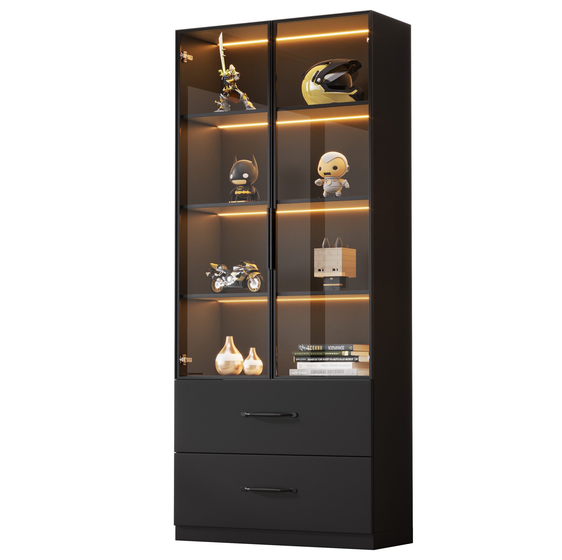 MODFU Vitrine Moderner LED-Display-Schrank aus Glas (Packung, 1-St., 60x40x160cm, Schwarz) 2 Glastüren, mehrfarbige LEDs & Schubladen