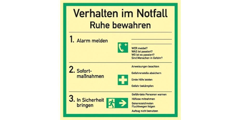 Hinweisschild Verhalten im Notfall, Kombischild, ISO 7010