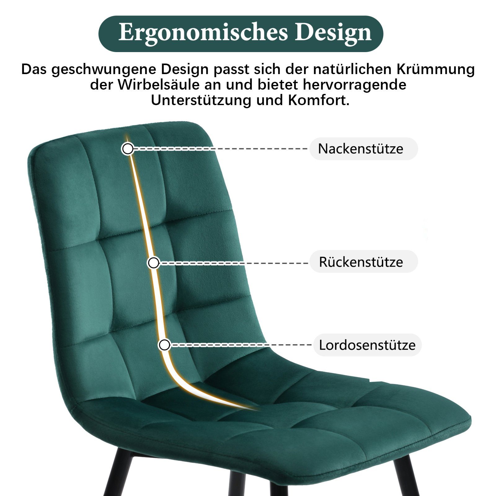 Samt Esszimmer, Rückenlehne,Sitzfläche Dunkelgrün Esszimmerstuhl(4 Loungesessel Gestell mit St),Polsterstuhl Design Küchenstuhl aus Stuhl für Metall SEEZSSA aus