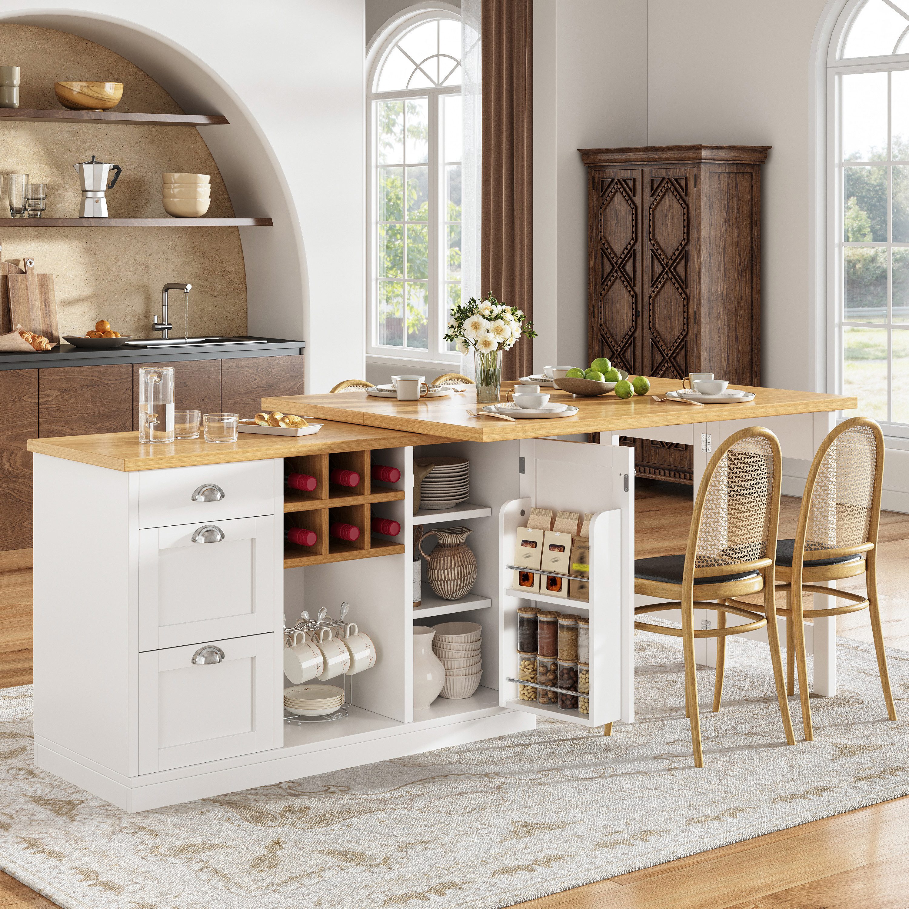 Ulife Bartisch mit Stauraum, ausziehbare Kücheninsel mit Weinregal und Schublade (2-St), Metallgriffe, 360° drehbarer klappbarer Küchentisch