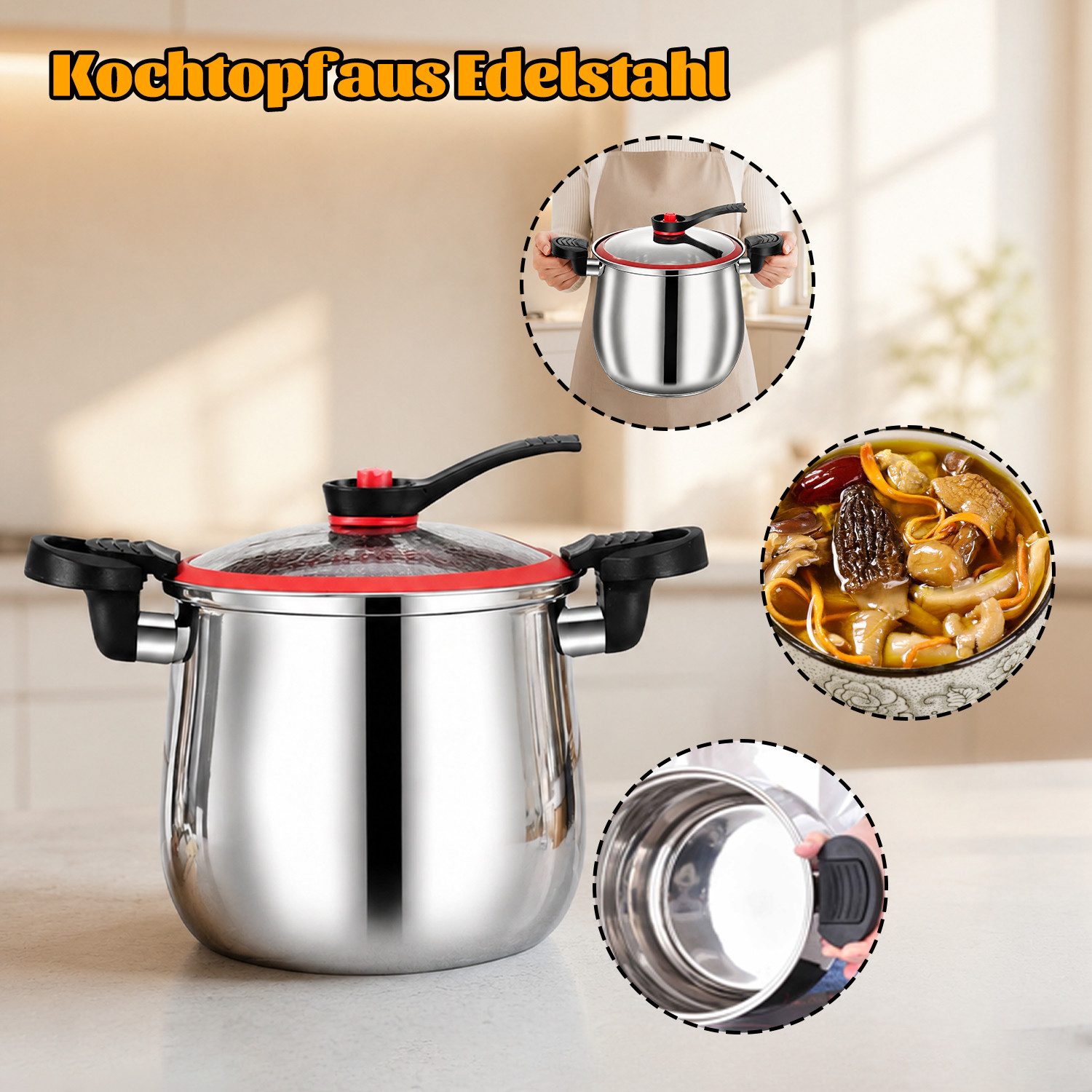 Esun Schnellkochtopf Edelstahl Schnellkochtopf, Kochtöpfe, Topf mit Glasdeckel, 22 cm, 6 L, Edelstahl (Set, Komplettset), Kochtopf Induktion Topfset, Spülmaschi – Bild 2 von 5