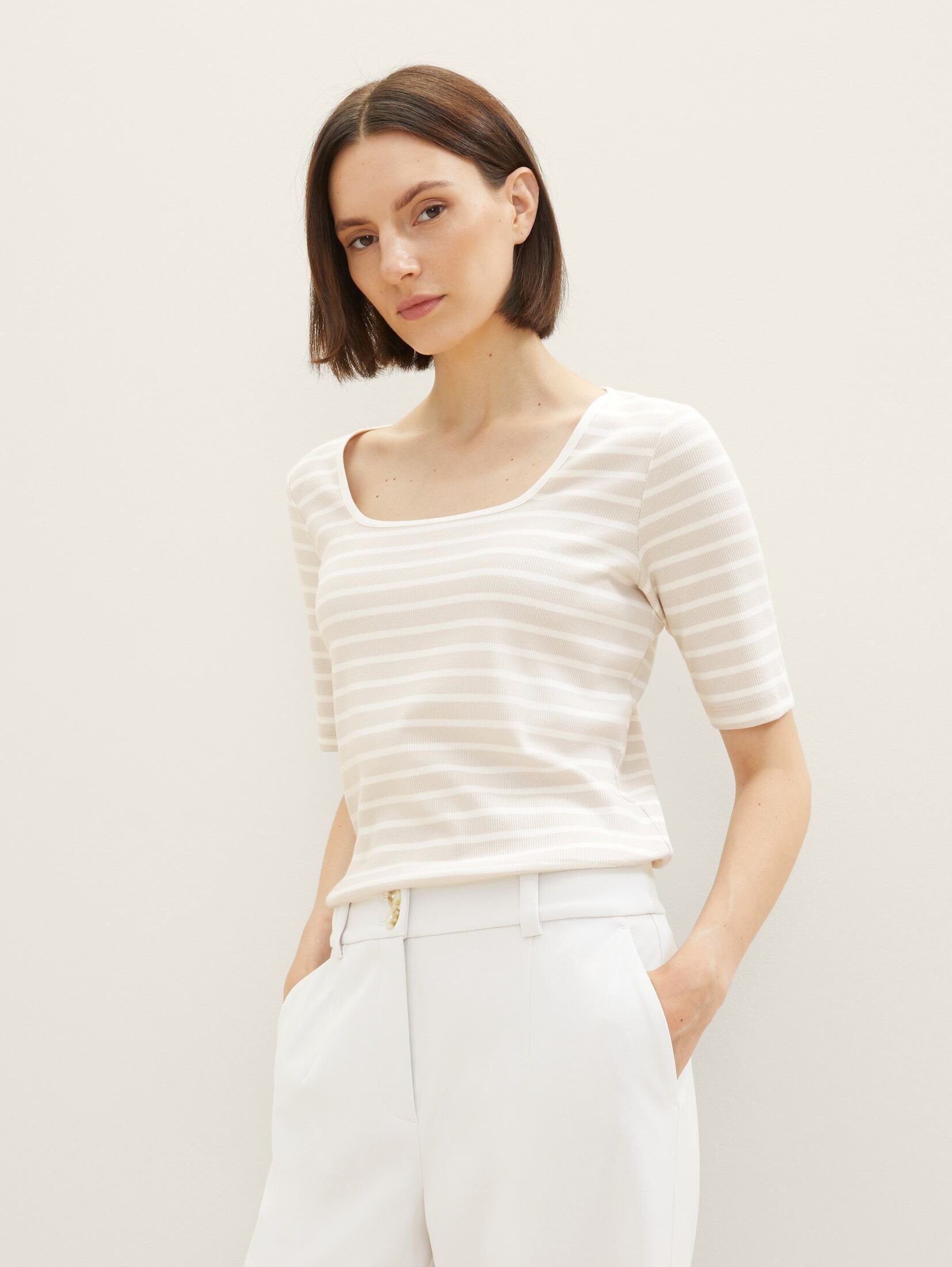 TOM TAILOR grey T-Shirt Gestreiftes offwhite Shirt stripe