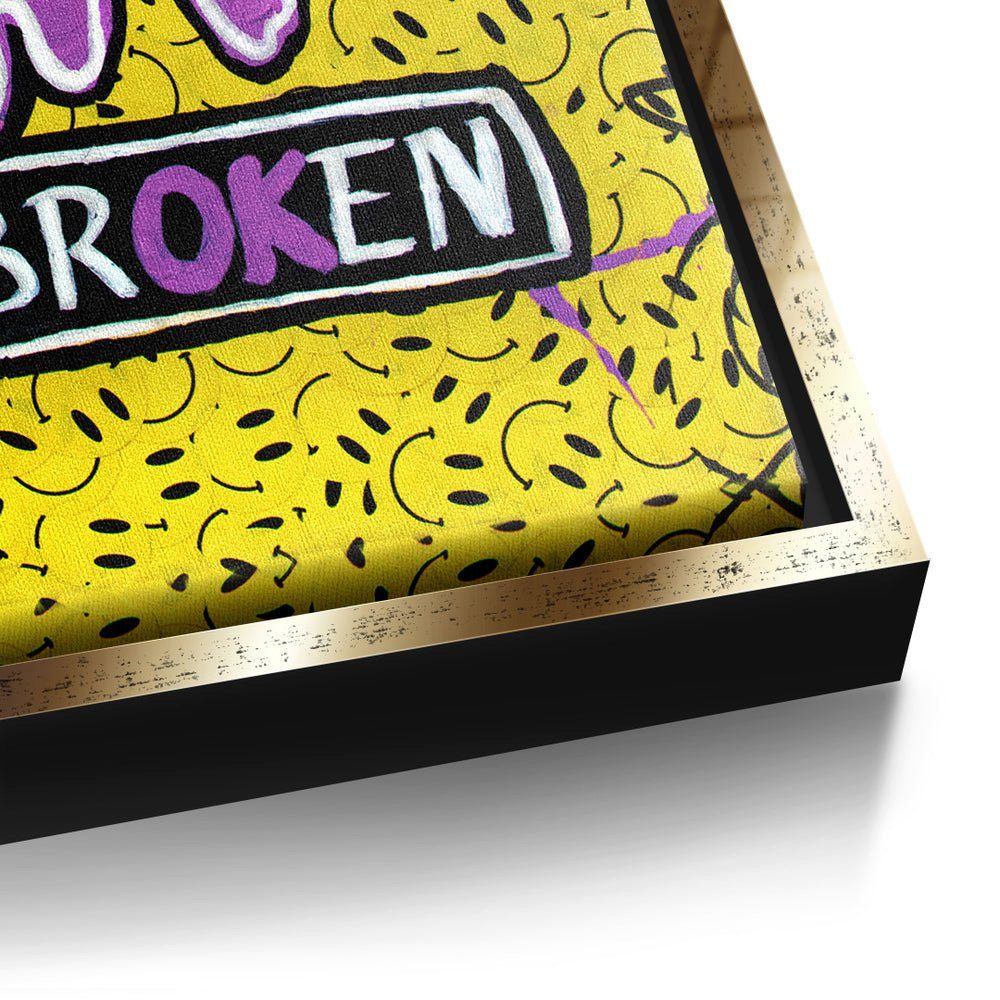 Leinwandbild, Rahmen Rahmen gelb goldener I´m Leinwandbild emoji mit DOTCOMCANVAS® smilie lila premium broken