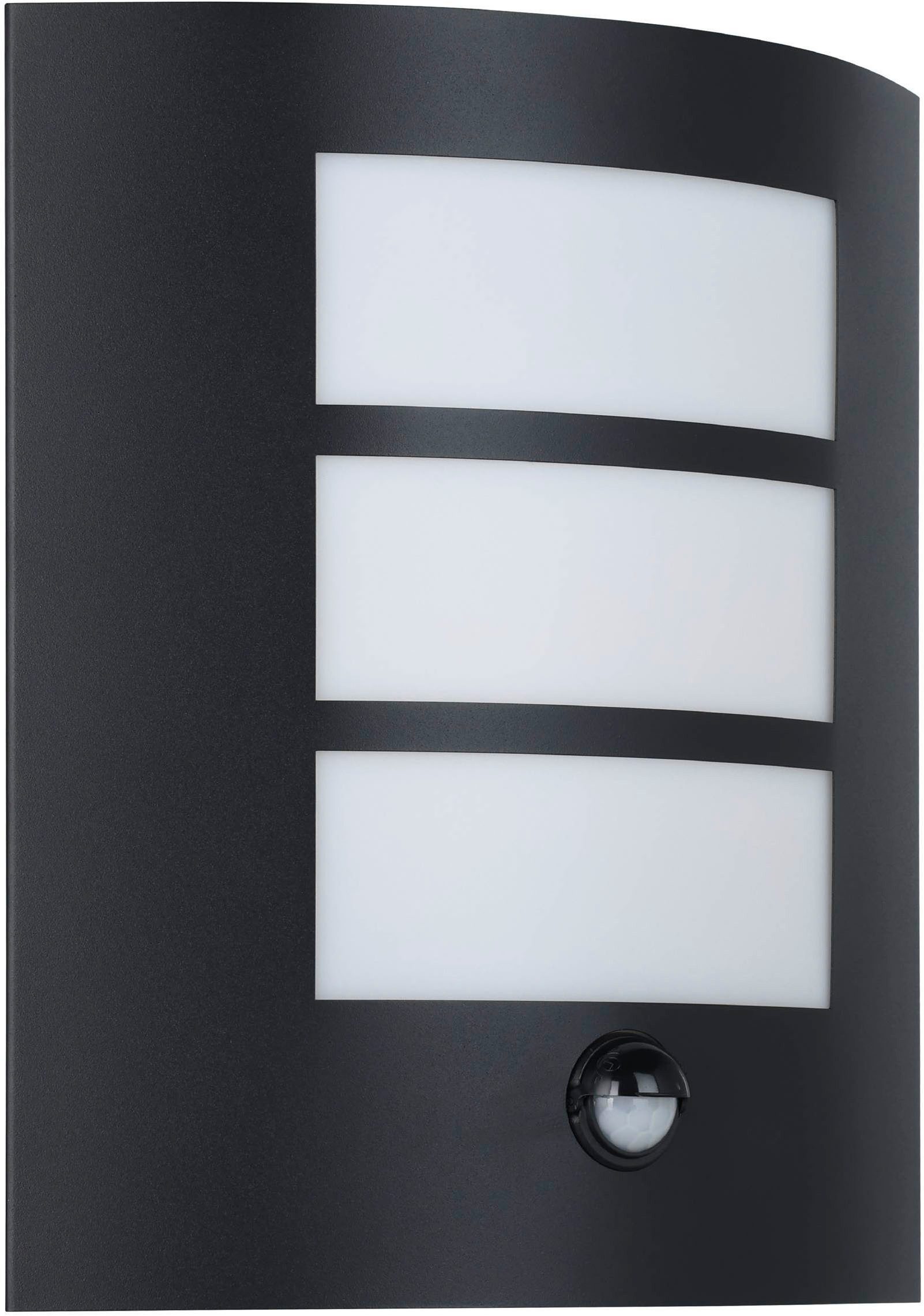 EGLO Wandleuchte City Wandlampe, Außenleuchte, Stahl und Kunststoff, E27, IP44, Lampe, Bewegungsmelder, ohne Leuchtmittel, Wand-/Deckenleuchte - L23,5 x H26 x AL11 cm - schwarz - 1X40W exkl.