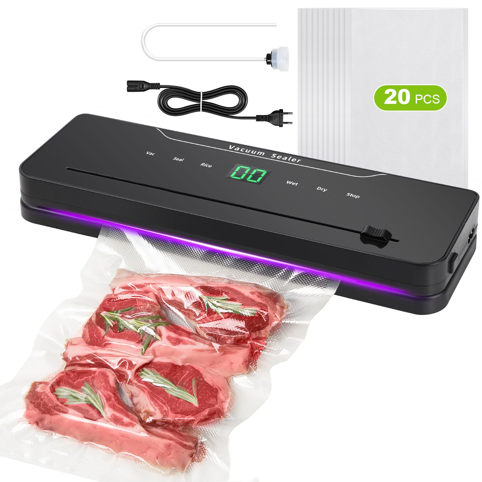 VIVIHEYDAY Vakuumierer 6 in 1 Vakuumiergerät, Folienschweißgerät mit Eingebauter Cutter, bis zu 10X Länger Frisch, mit 20 Vakuumbeuteln und 1 Schlauch