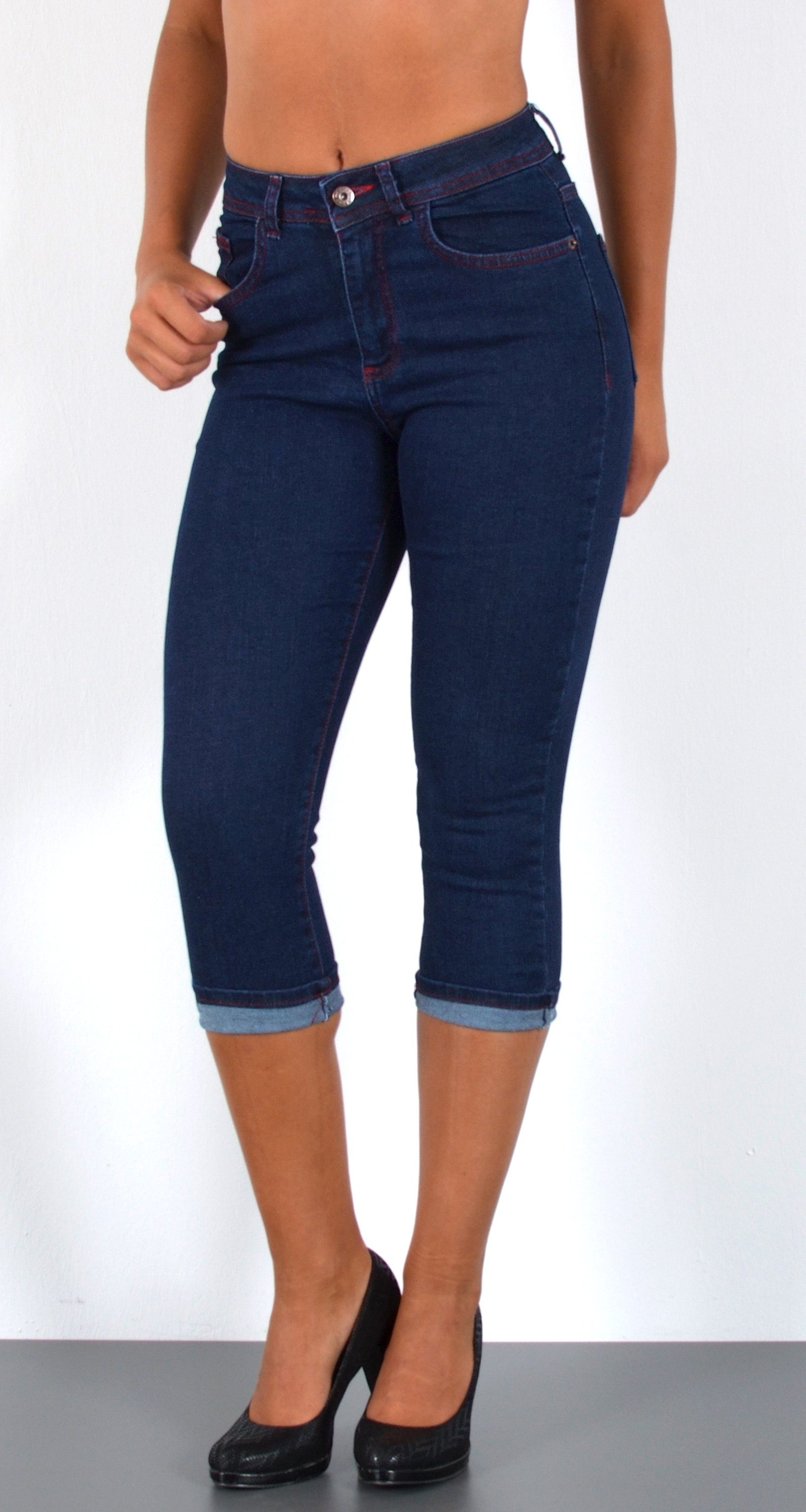 ESRA Caprijeans Damen 3/4 Capri Jeans Hoch-Bund Sommer Hose kurze Jeans Shorts J740 High Waist Capri Jeans Damen Sommer Hose Stretch-Jeans bis Übergröße