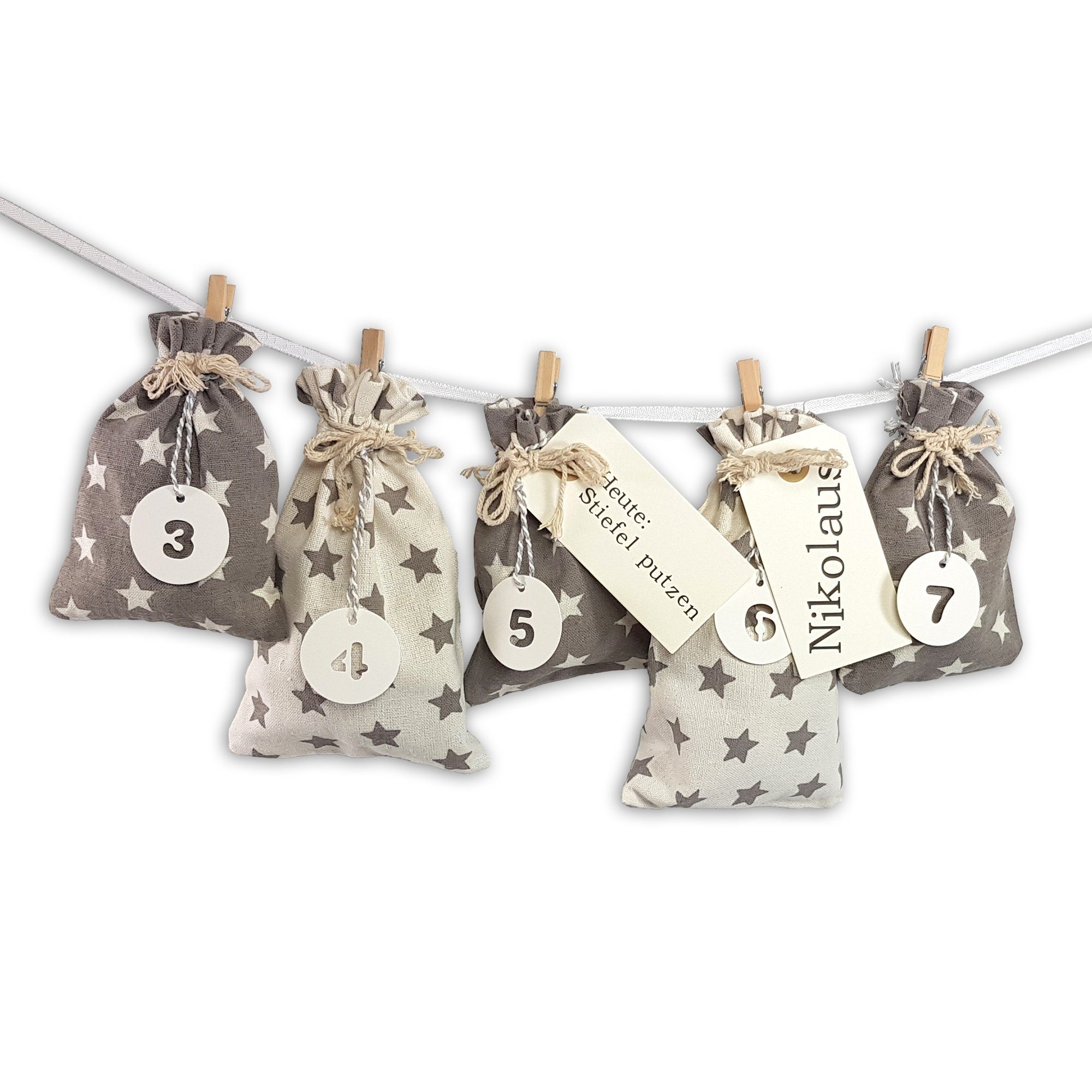 Frau WUNDERVoll befüllbarer Календари Календари Schneeflöckchen Baumwollbeutel grau, weiß mit Sternen