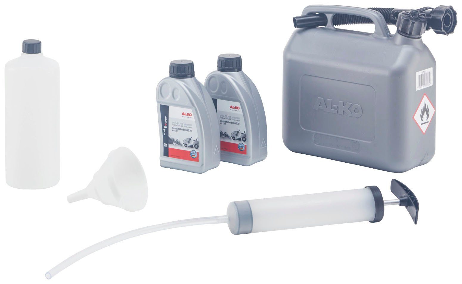 AL-KO Universalöl Starter-Set für Benzinrasenmäher, 1 x Motor-Service-Set, 2 x Rasenmäher-Motoröl, 1 x Benzinkanister