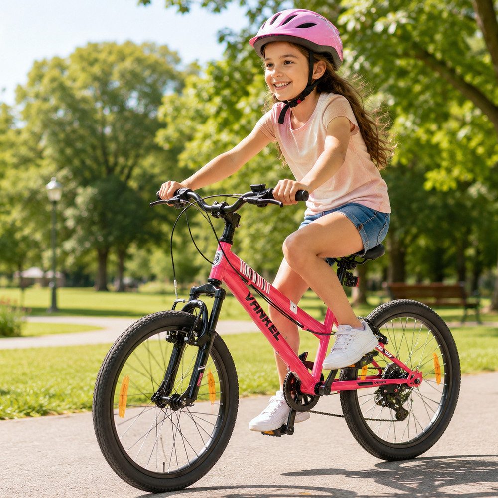 Vankel Kinderfahrrad 20 Zoll, Fahrrad für Kinder, Mountainbike, ab 6 Jahre, 6 Gang, Kettenschaltung, Mit Federgabel, V-Brakes, Reflektoren und Seitenständer