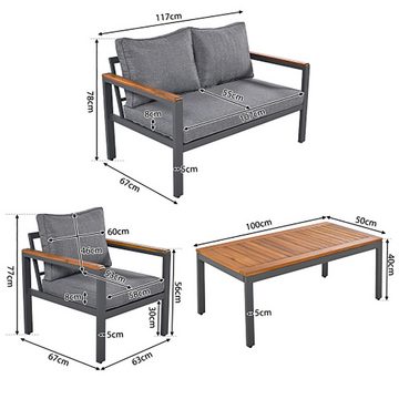Sweiko Gartenlounge-Set mit Rahmen aus verzinktem Stahl, (Akazienholz Tischplatte und Armlehnen, (4-teiliges Esstisch-Set, 1x 2-Sitzer-Sofa, 2x Einzelstühle, 1x Tisch), Grau