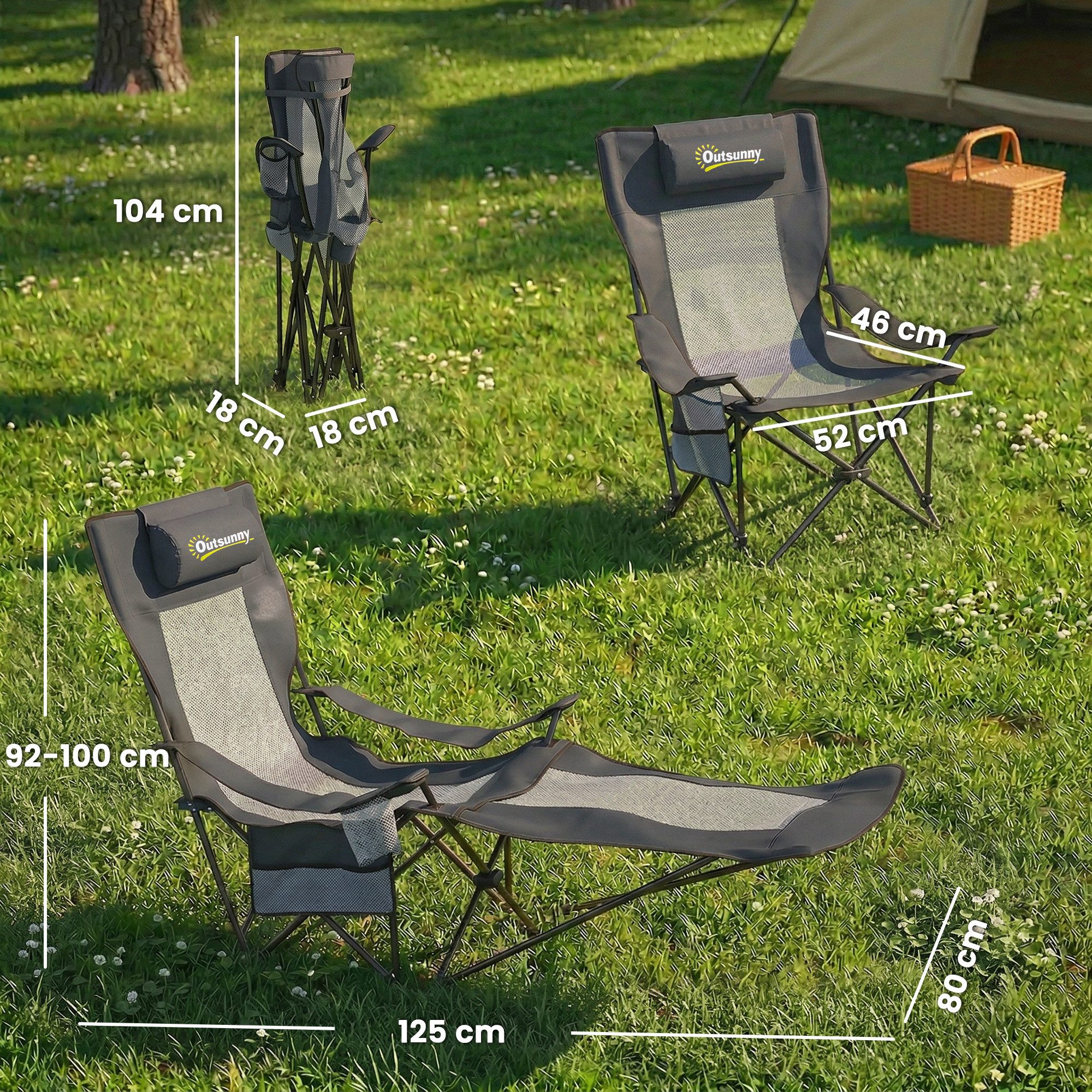 Outsunny Klappstuhl faltbar Angelstuhl mit verstellbarer Rückenlehne Fußablage Kopfstütze (Campingstuhl, 2 St), Liegestuhl bis 120 kg für Erwachsene Dunkelgrau
