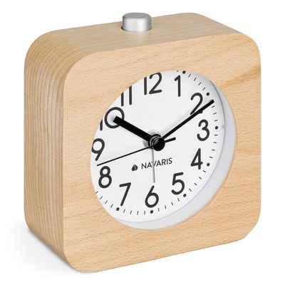 Navaris Wecker Analog Holzwecker mit Snooze - Retro Uhr Viereck Design mit Ziffernblatt Alarm - Leise Tischuhr ohne Ticken