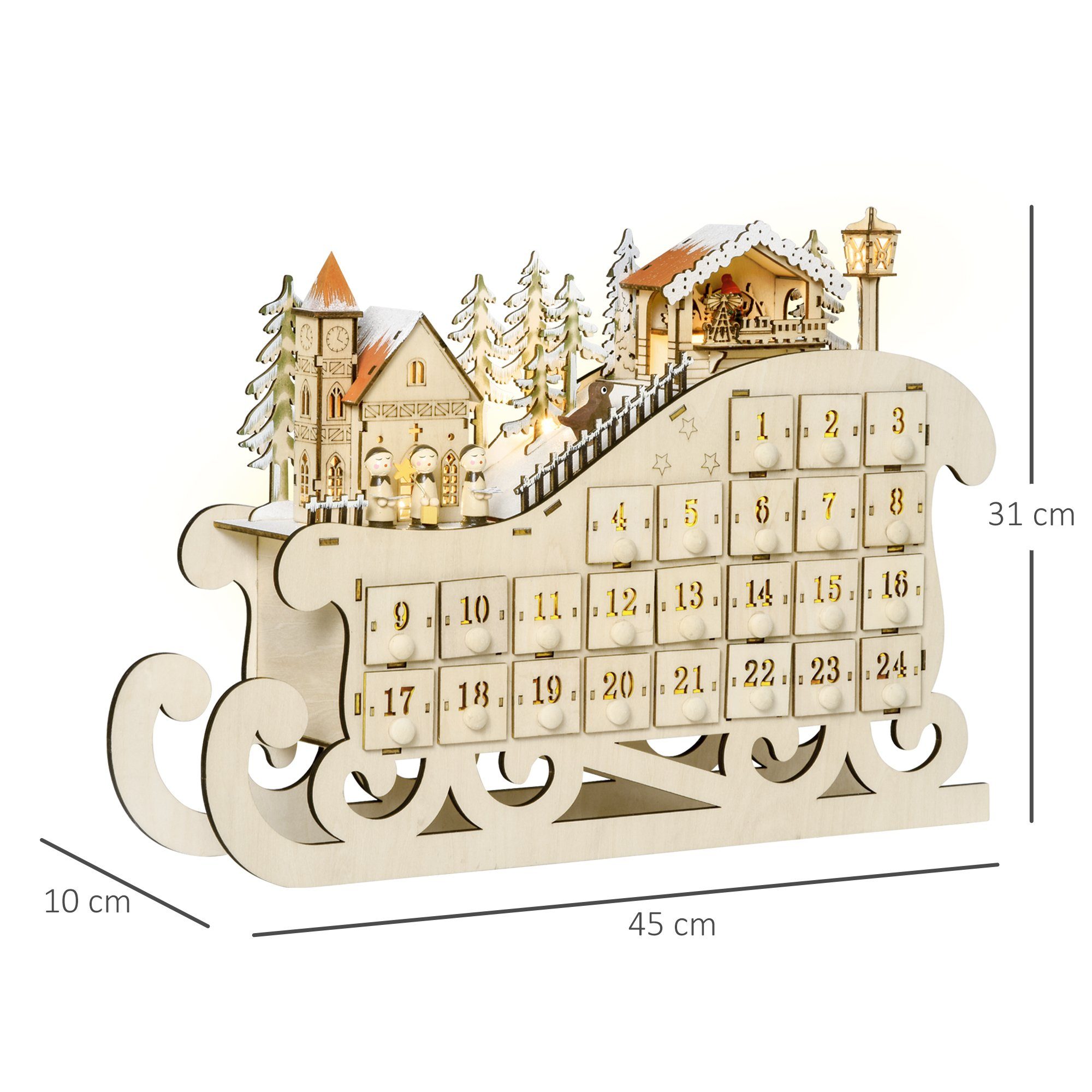 HOMCOM Weihnachtsdorf Adventskalender zum Befüllen 24 Schubladen Fächer DIY, DIY Sperrholz-Platte Naturholz 45 x 10 x 31 cm