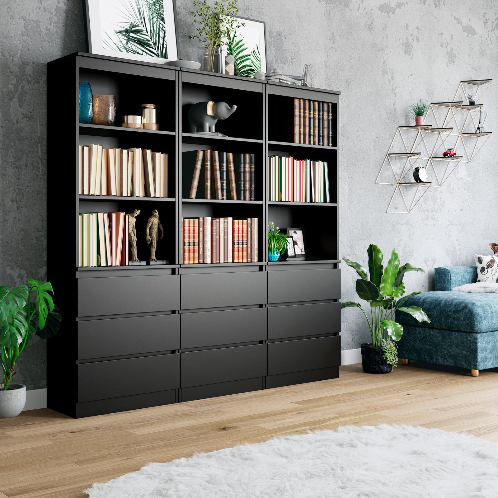 Homfa Hochschrank Bücherregal Bücherschrank mit 3 Schubladen Vitrinenschrank schwarz – Bild 4 von 5