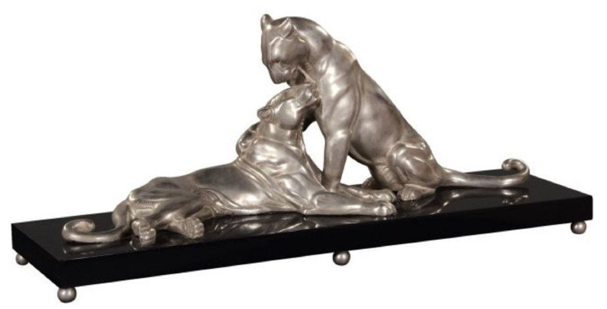 Casa Padrino Dekofigur Luxus Deko Bronzefiguren mit Holzsockel 2 Tiger Silber / Schwarz 83 x 23 x H. 34 cm - Luxus Qualität