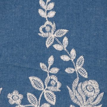 SCHÖNER LEBEN. Stoff Jeansstoff Stickerei Bogenkante floral blau ecru 1,40m Breite