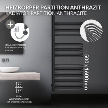 LuxeBath Badheizkörper Designheizkörper Handtuchheizkörper Handtuchtrockner, Anthrazit 500x1600mm mit Montage-Set