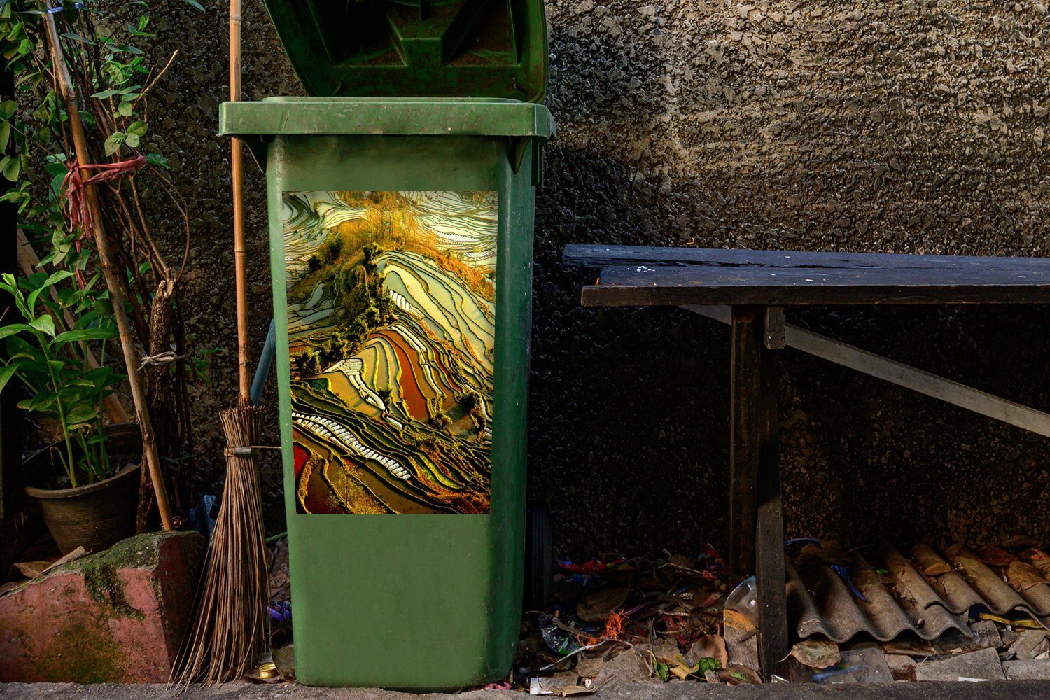 Abfalbehälter MuchoWow Sticker, Schöne in Farbpalette Mülltonne, China Reisfeldern Container, Mülleimer-aufkleber, von Wandsticker St), (1