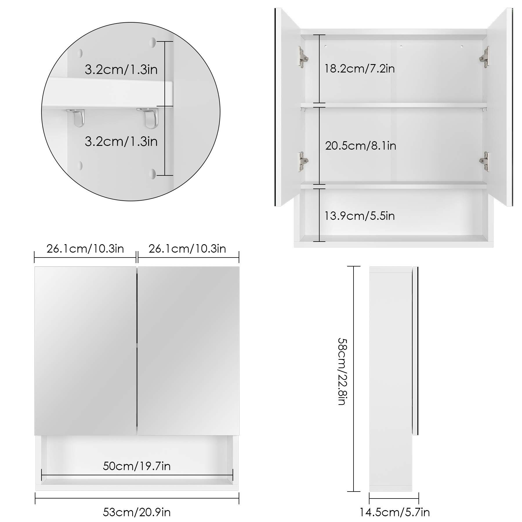 Türen Spiegelschrank weiß und mit Hängeschrank, Ablage, Homfa Badezimmerschrank, 53x58x13cm,