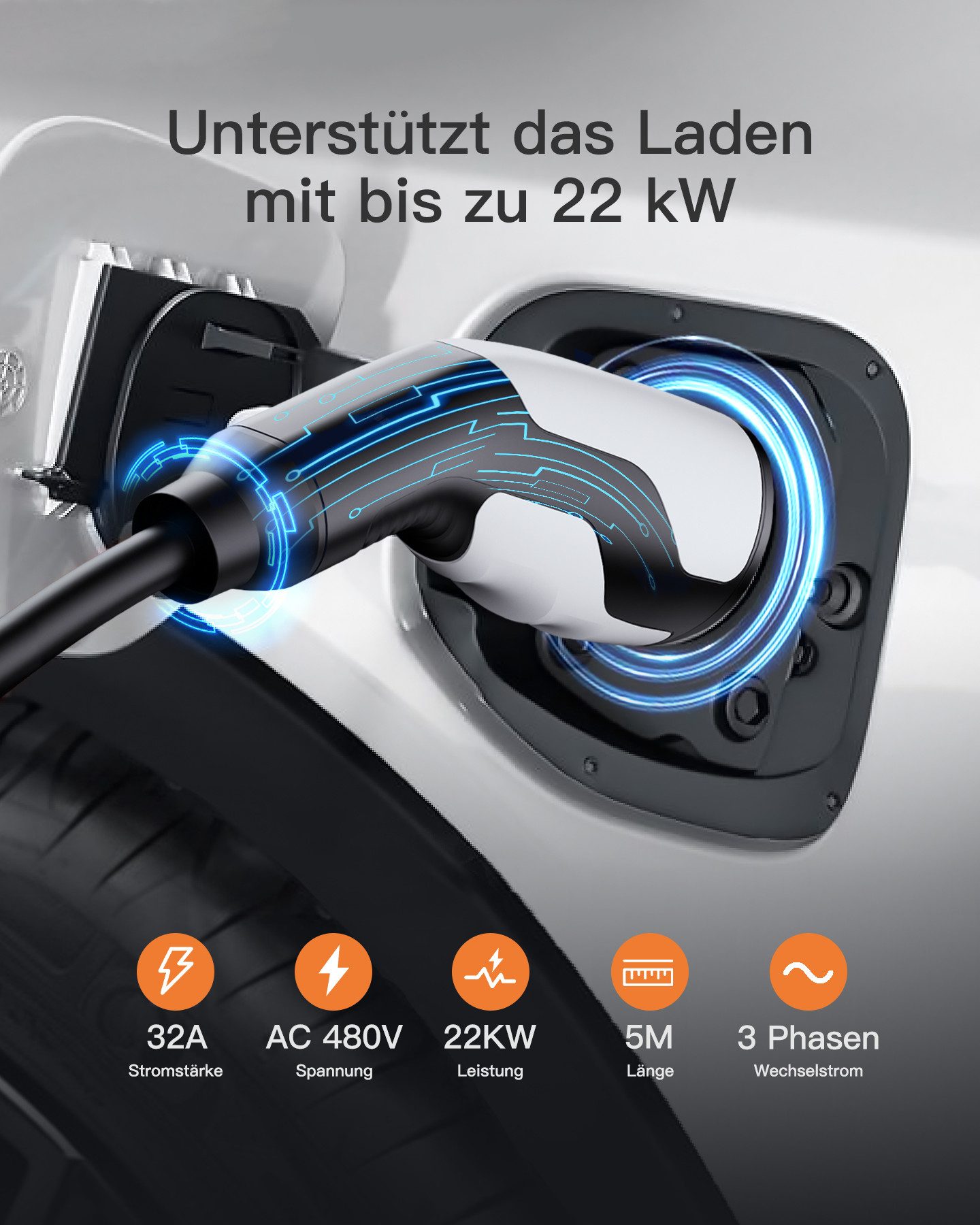 Tomons Typ 2 Ladekabel, 11KW 16A 22KW 32A, Ladekabel Elektroauto für EV/PHEV Autoladekabel, (500 cm), IP55